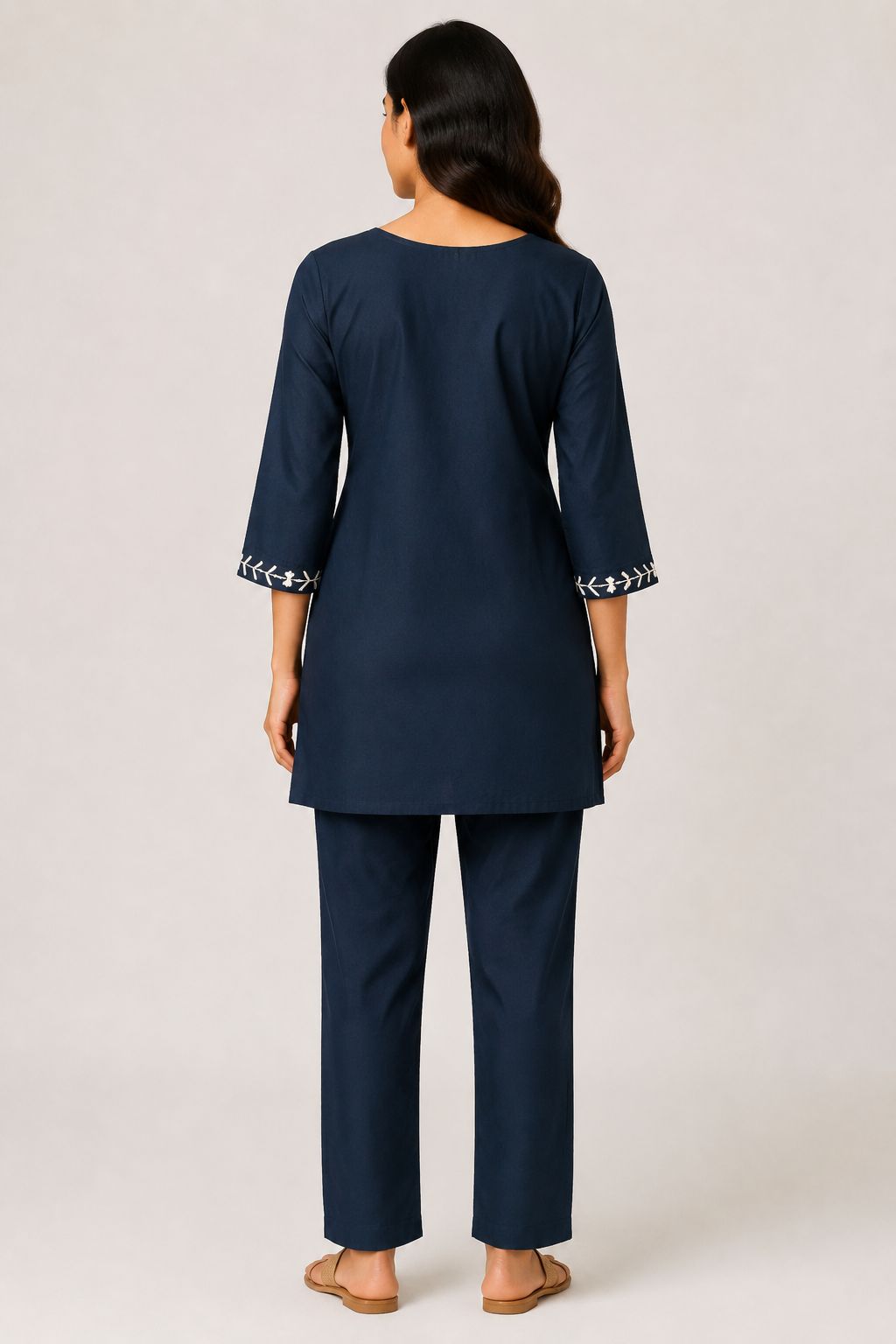 Women’s Navy Blue Cotton Blend Geometric Embroidered Full-Sleeve top and Pant Set