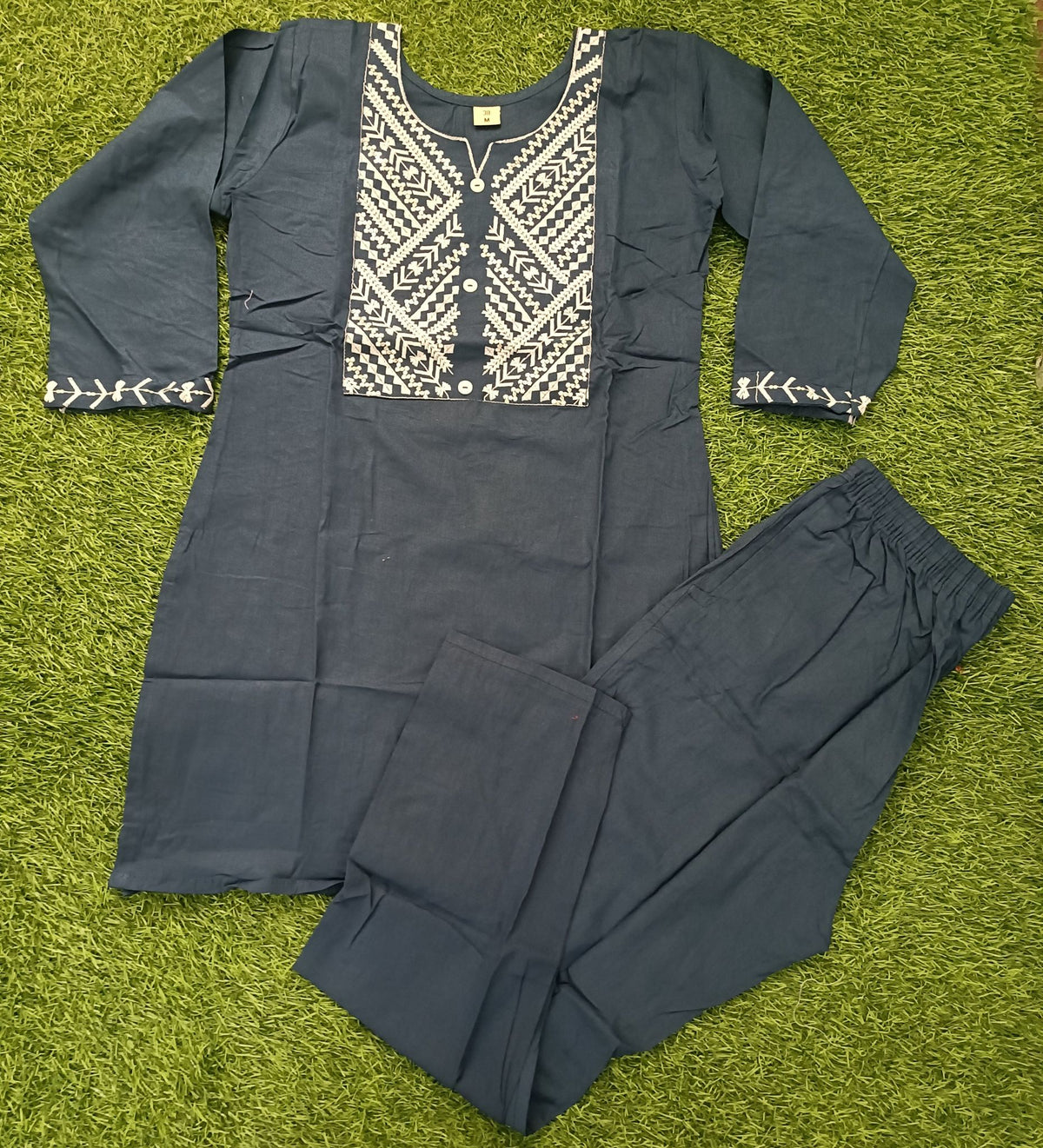 Women’s Navy Blue Cotton Blend Geometric Embroidered Full-Sleeve top and Pant Set