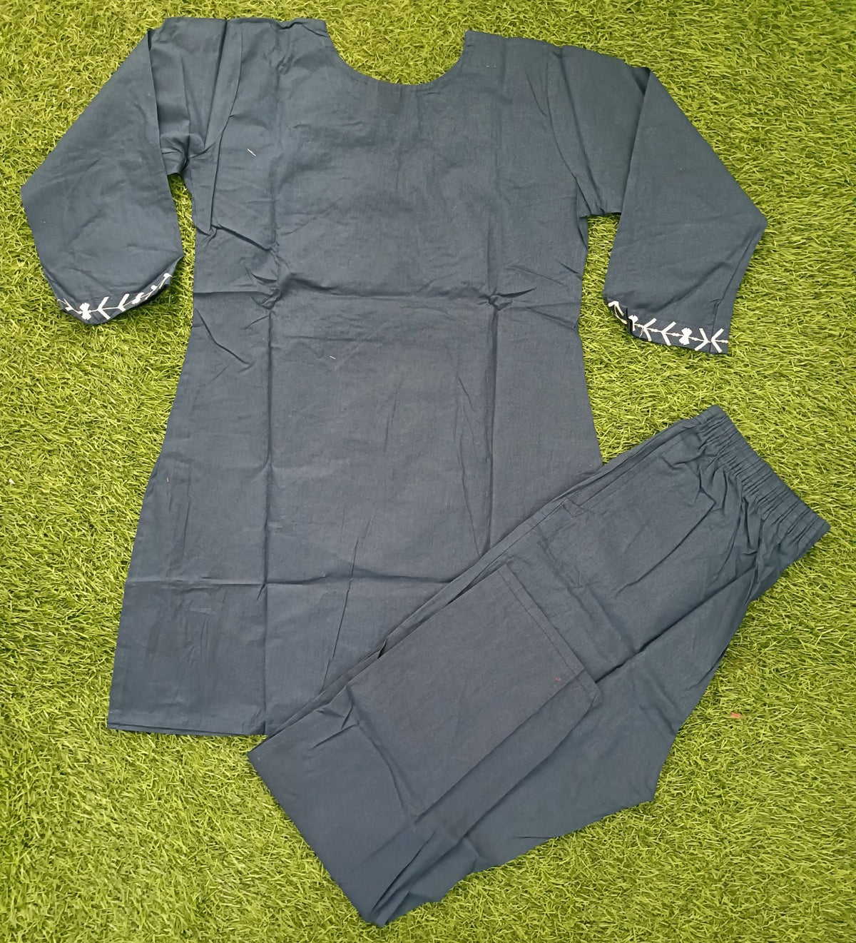 Women’s Navy Blue Cotton Blend Geometric Embroidered Full-Sleeve top and Pant Set