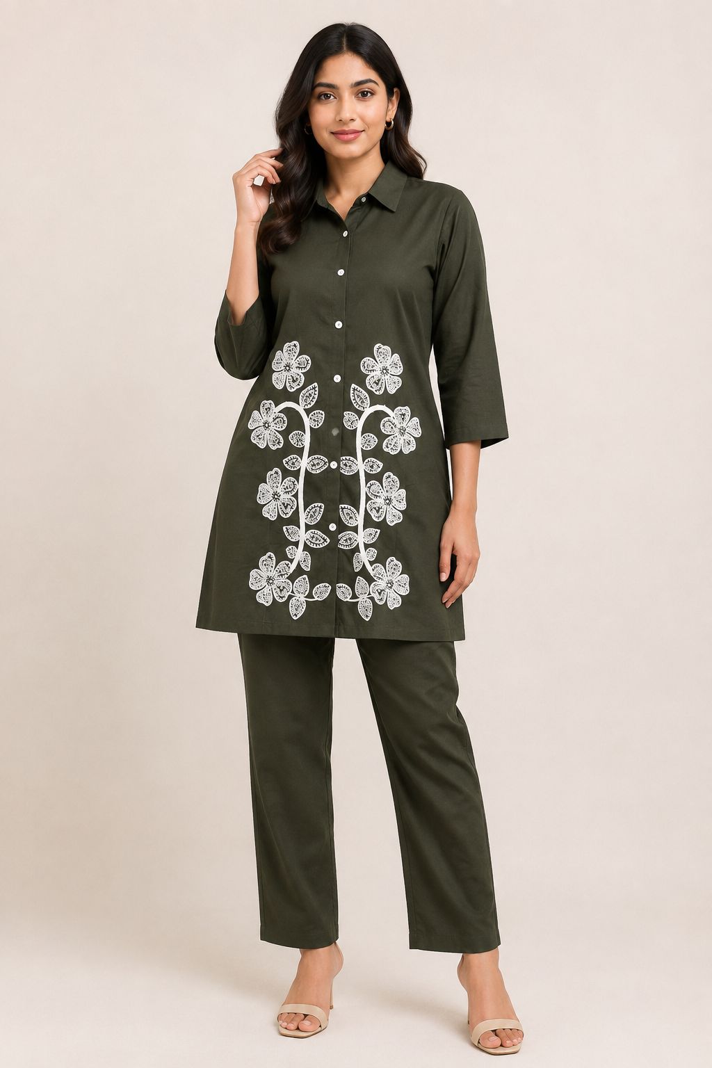 Women’s Dark Army Green Cotton Blend Floral Embroidered Shirt-Collar top and Pant Set
