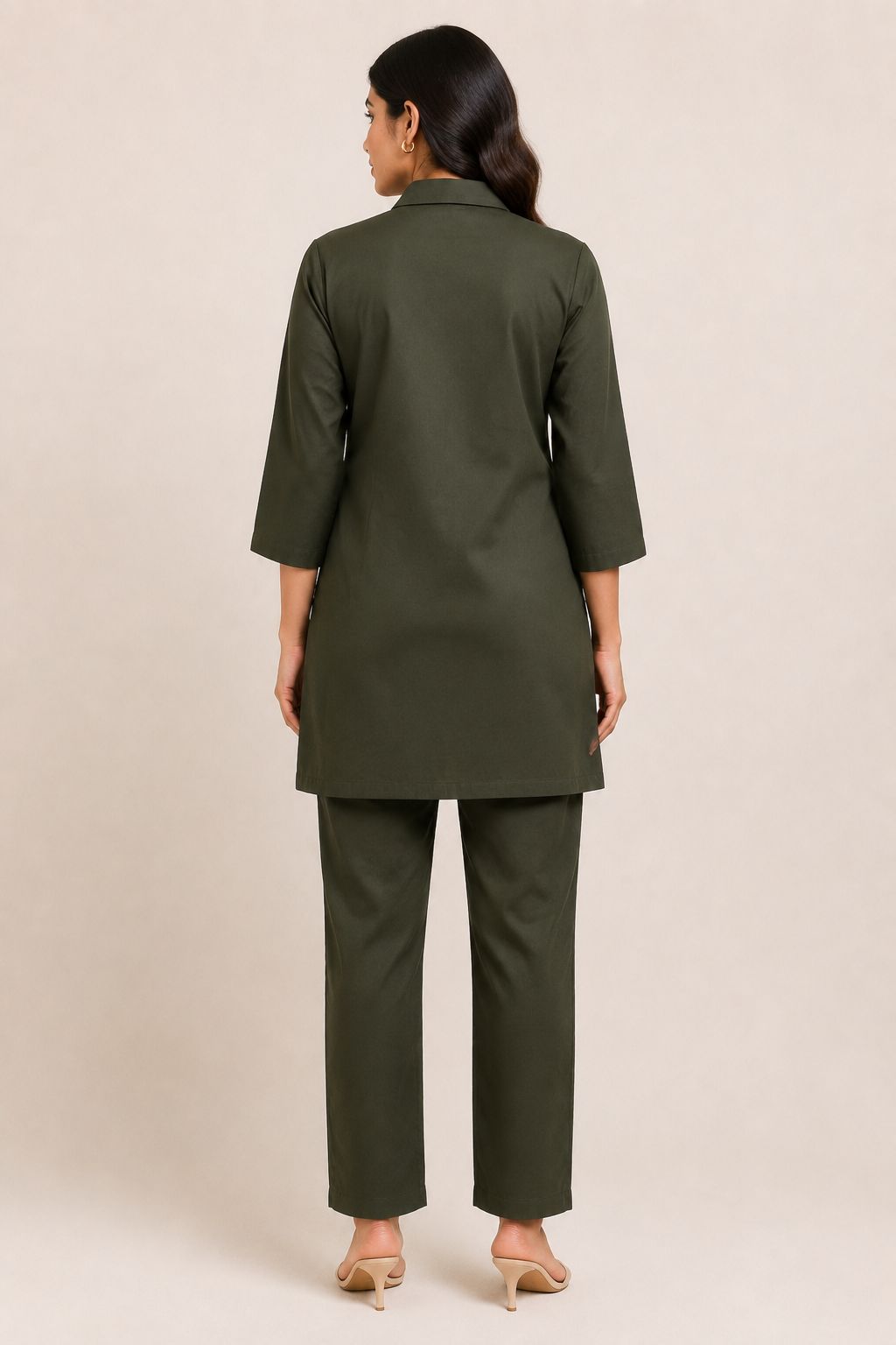 Women’s Dark Army Green Cotton Blend Floral Embroidered Shirt-Collar top and Pant Set
