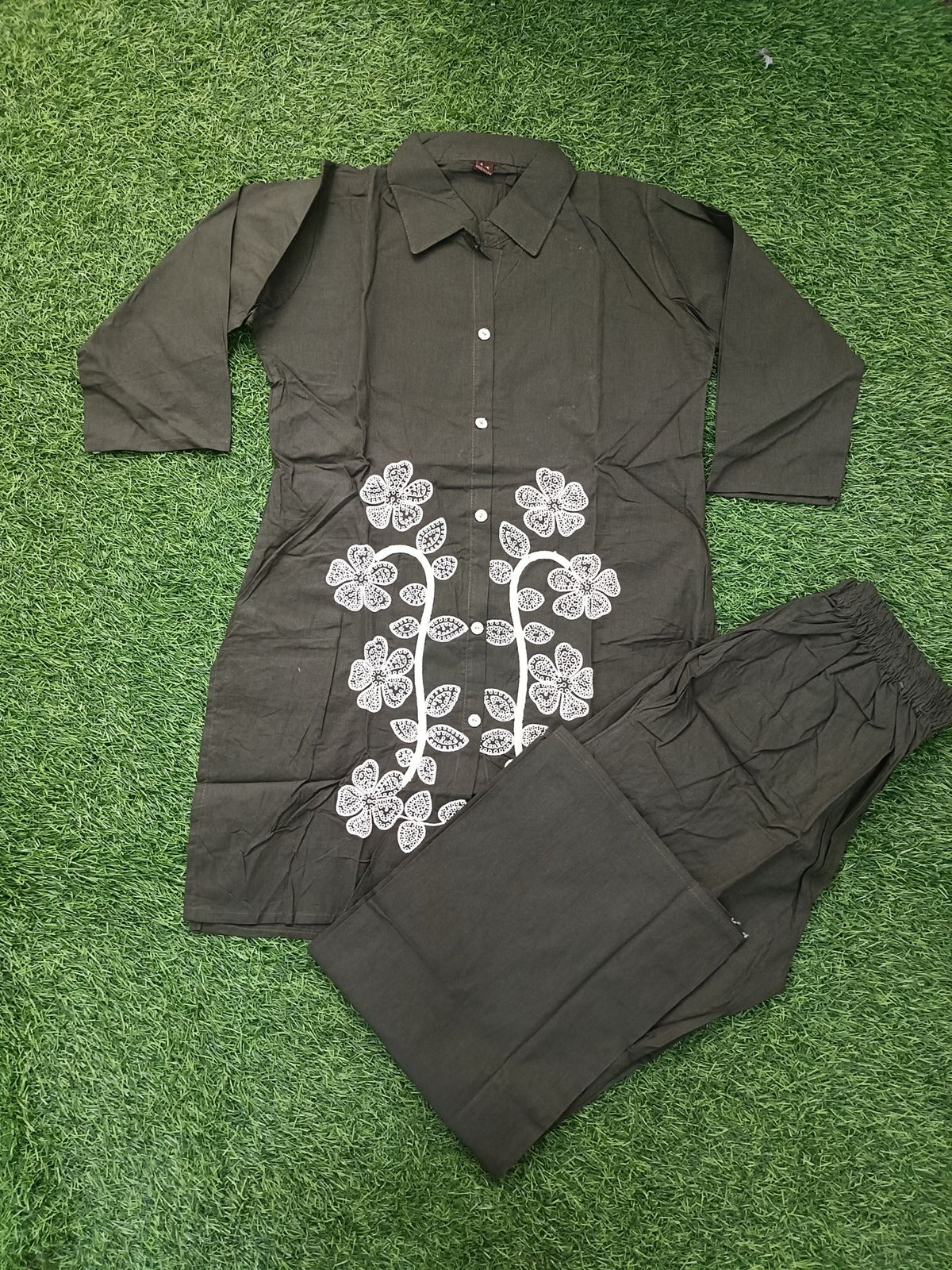 Women’s Dark Army Green Cotton Blend Floral Embroidered Shirt-Collar top and Pant Set
