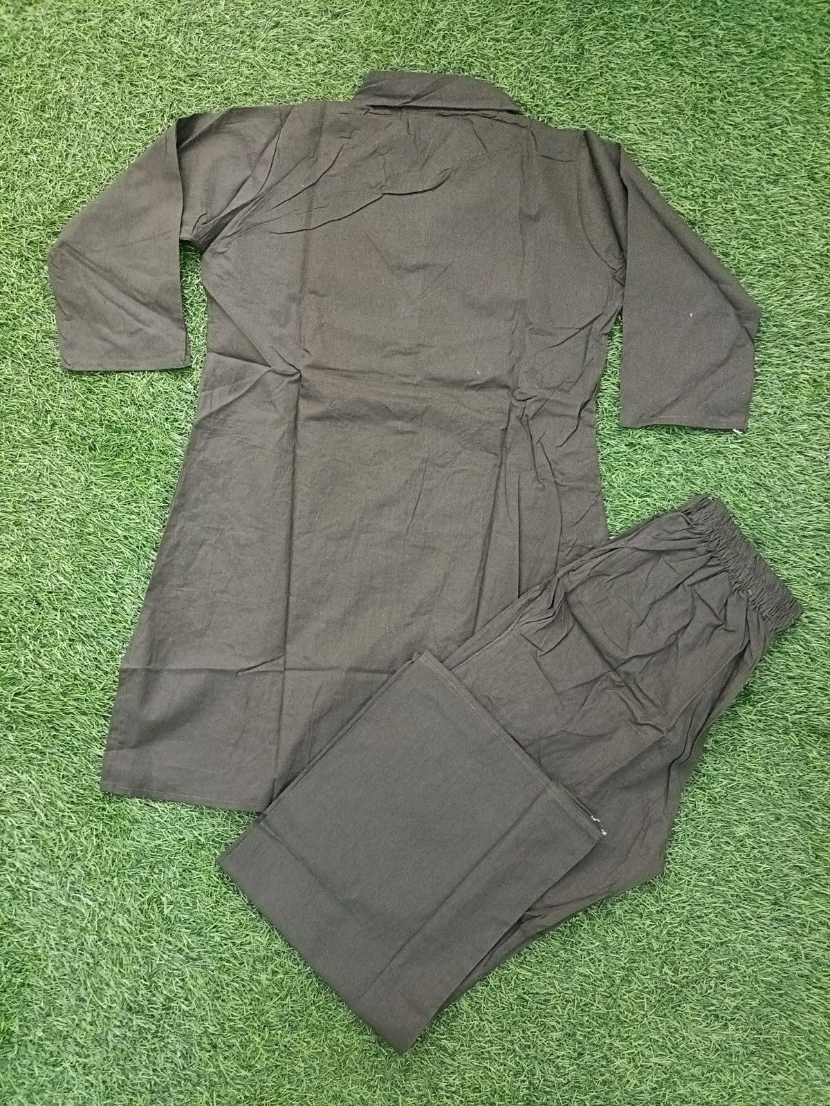 Women’s Dark Army Green Cotton Blend Floral Embroidered Shirt-Collar top and Pant Set