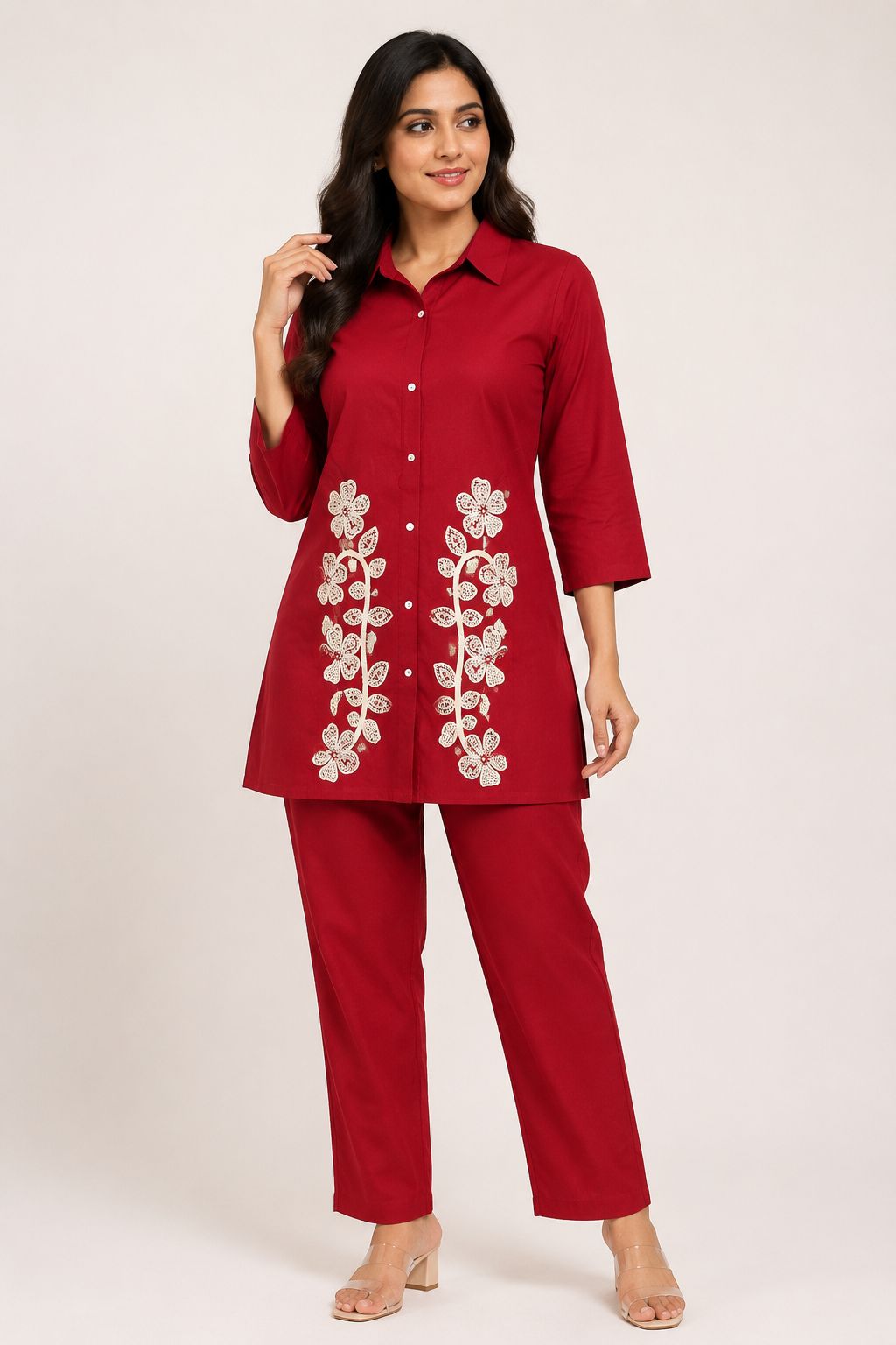 Women’s Maroon Cotton Blend Floral Embroidered Shirt-Collar top and Pant Set
