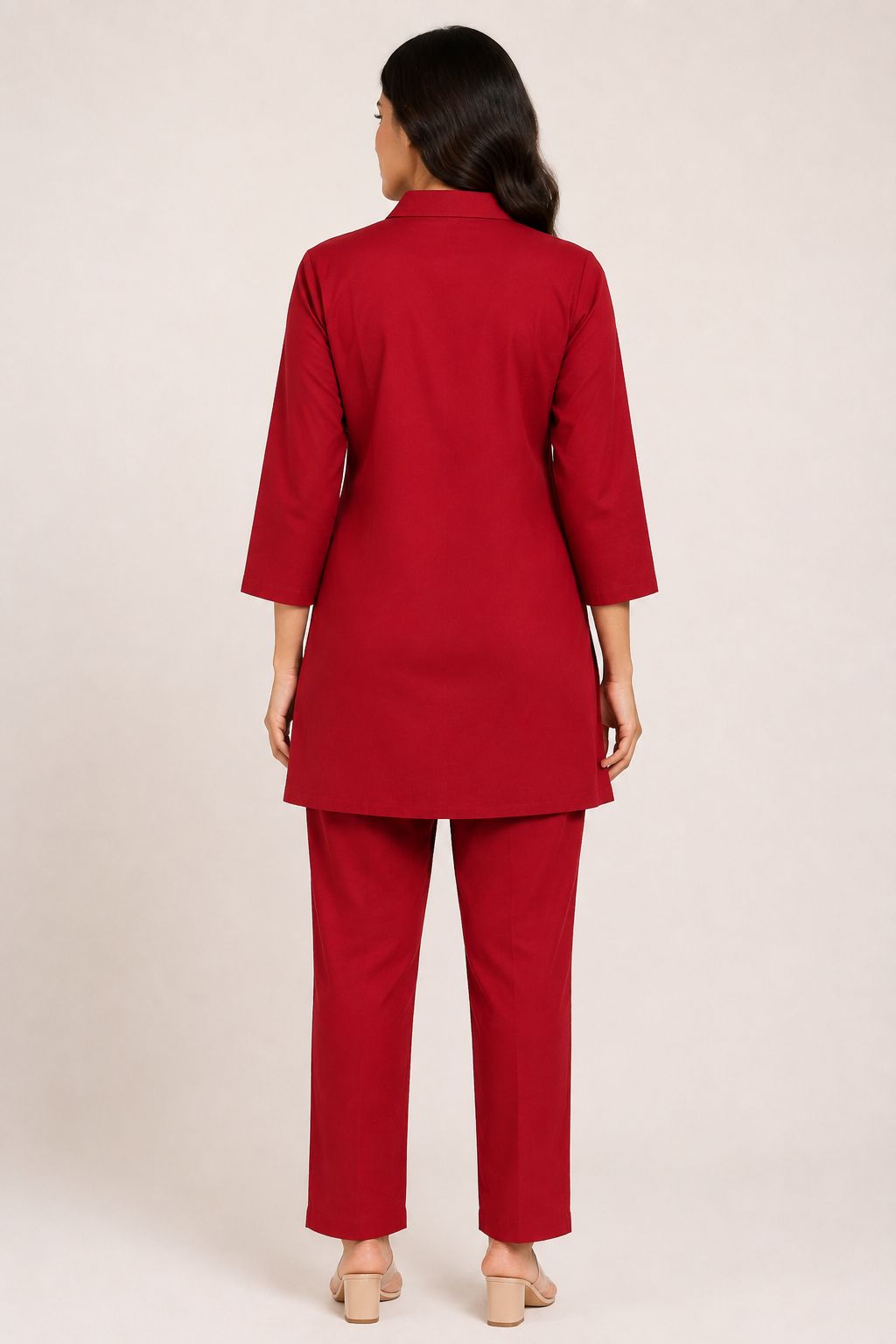 Women’s Maroon Cotton Blend Floral Embroidered Shirt-Collar top and Pant Set