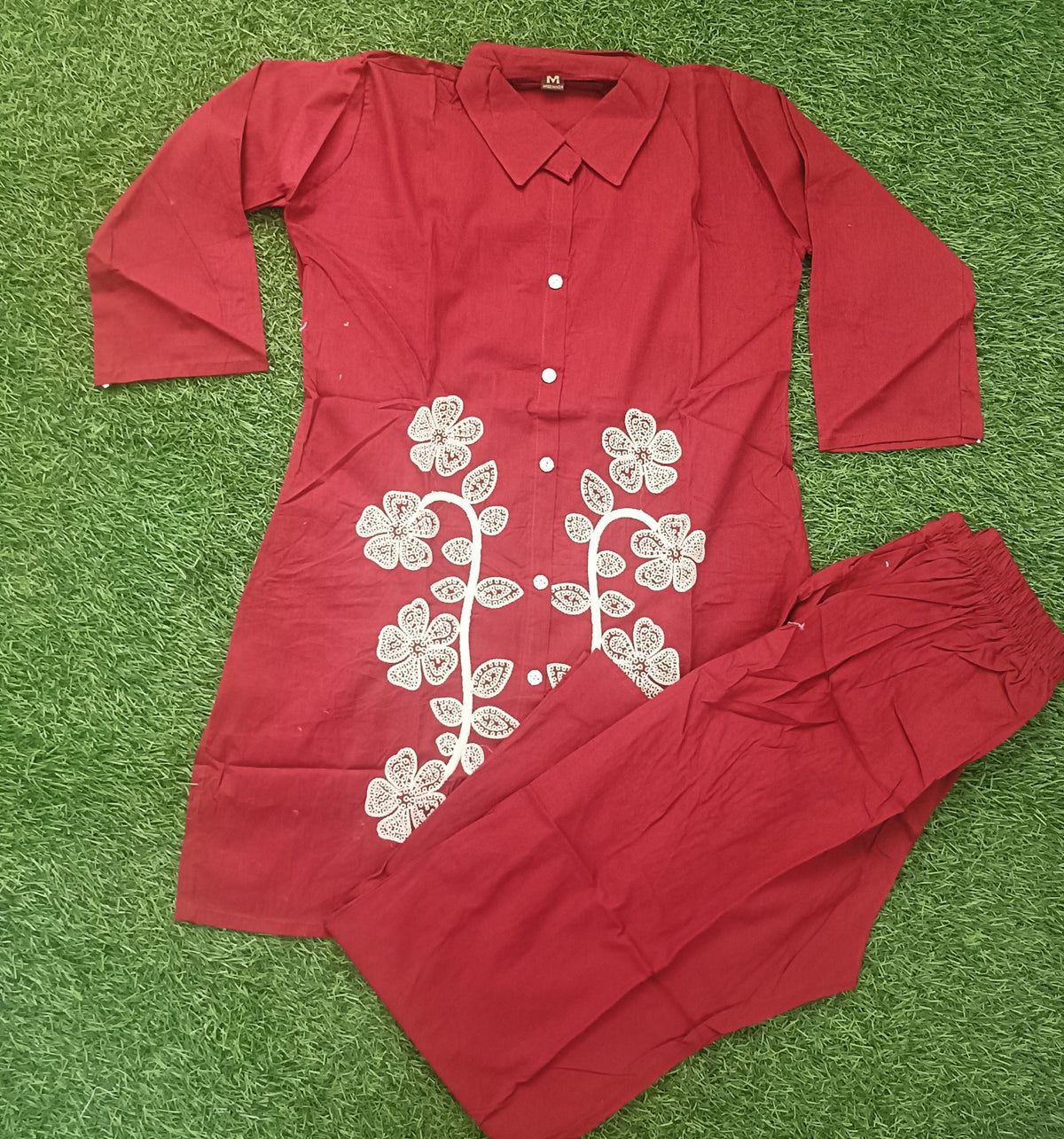 Women’s Maroon Cotton Blend Floral Embroidered Shirt-Collar top and Pant Set