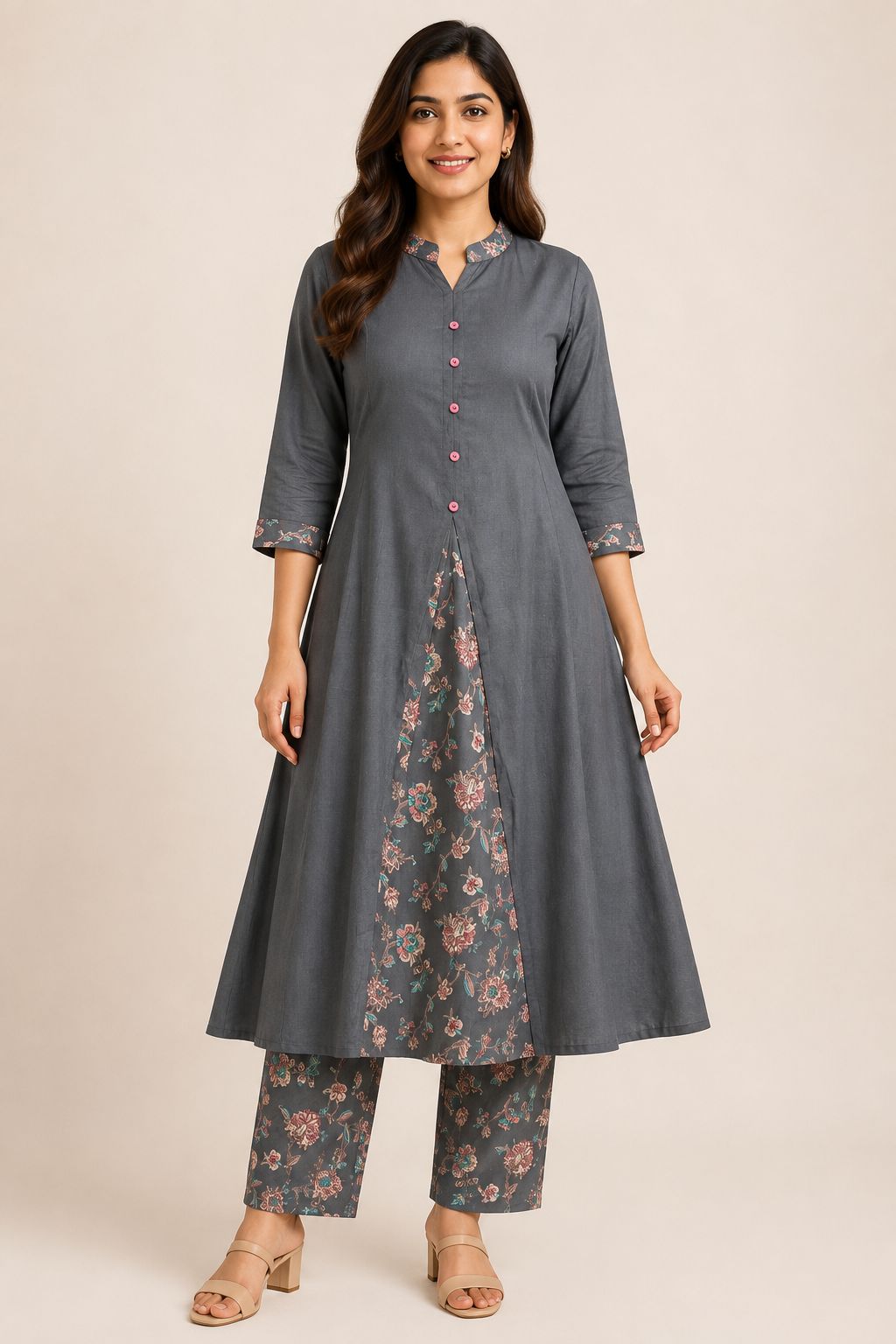 Women’s Charcoal Grey Rayon Blend Floral Print Flared Kurti and Pant Set