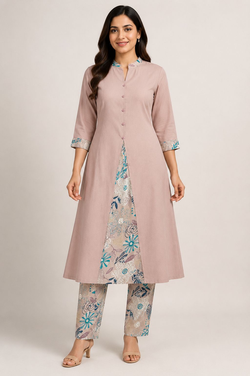 Women’s Dusty Rose Floral Print Full-Sleeve Flared Kurti and Pant Set
