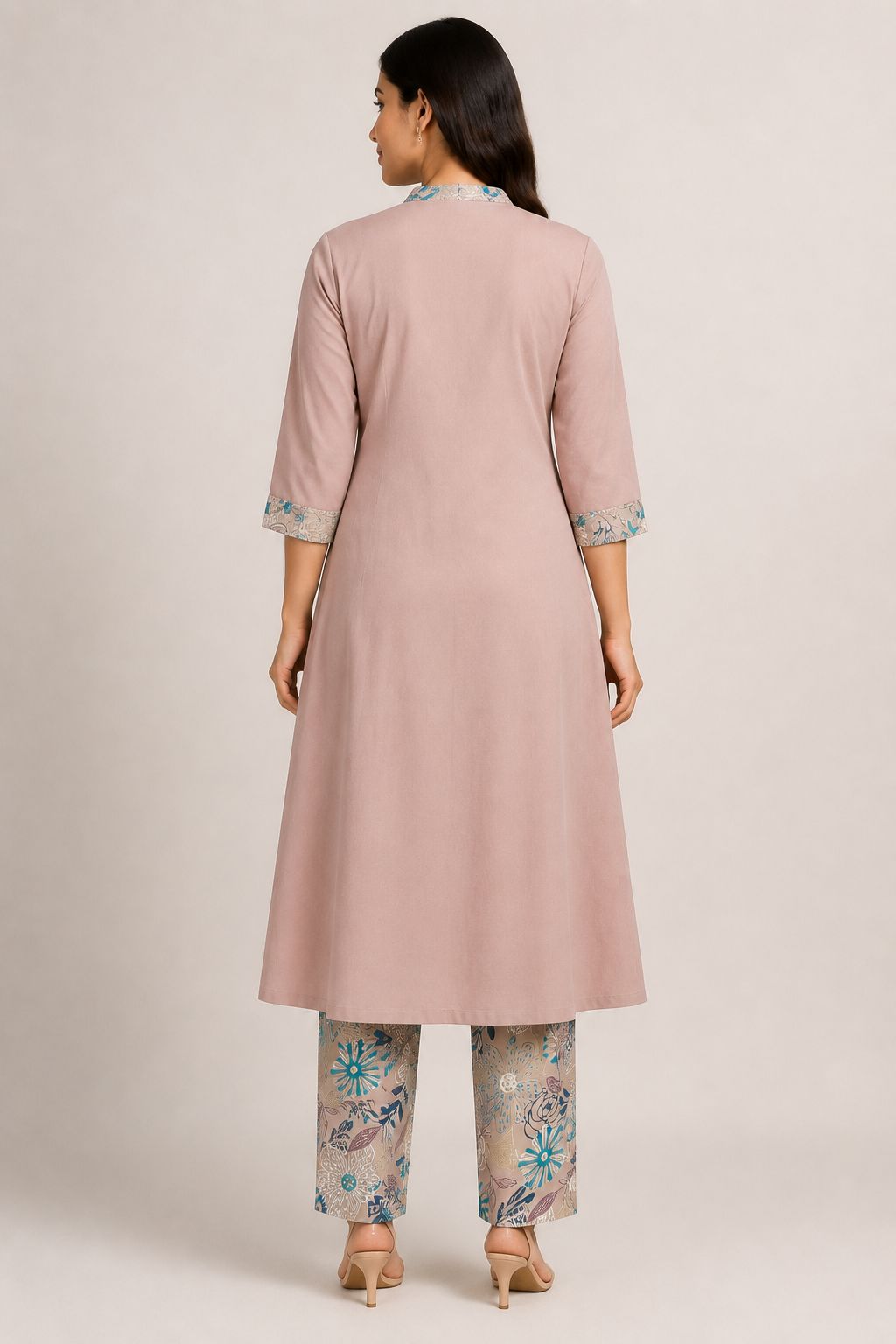 Women’s Dusty Rose Floral Print Full-Sleeve Flared Kurti and Pant Set