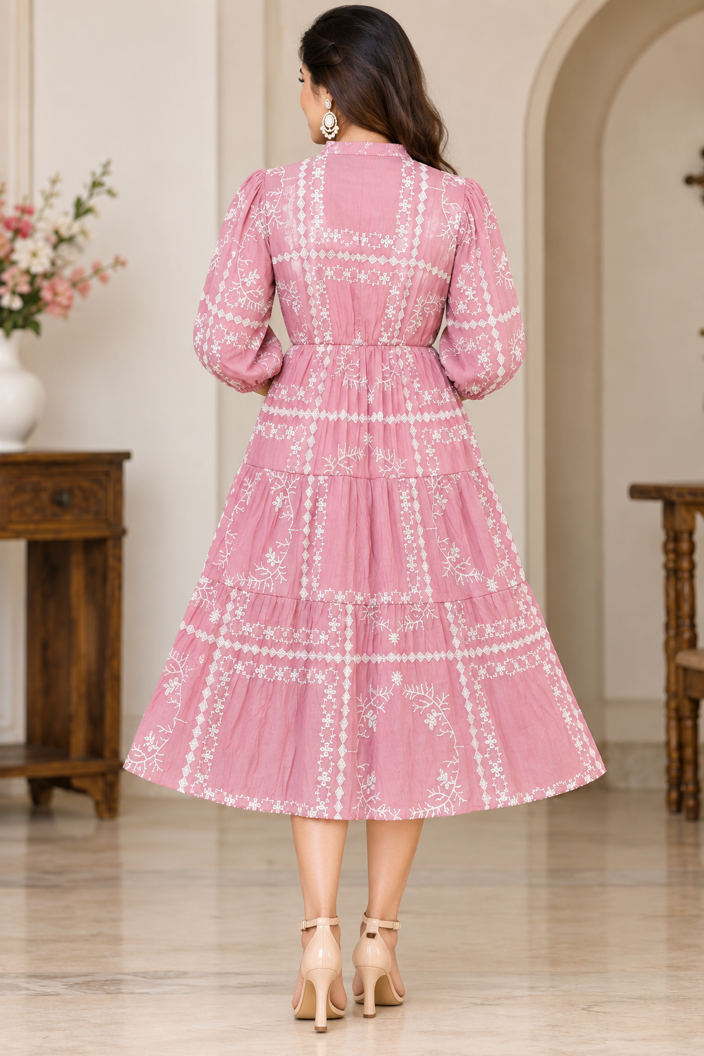 Women’s Light Pista Green Floral Print Full-Sleeve Flared Kurti and Pant Set