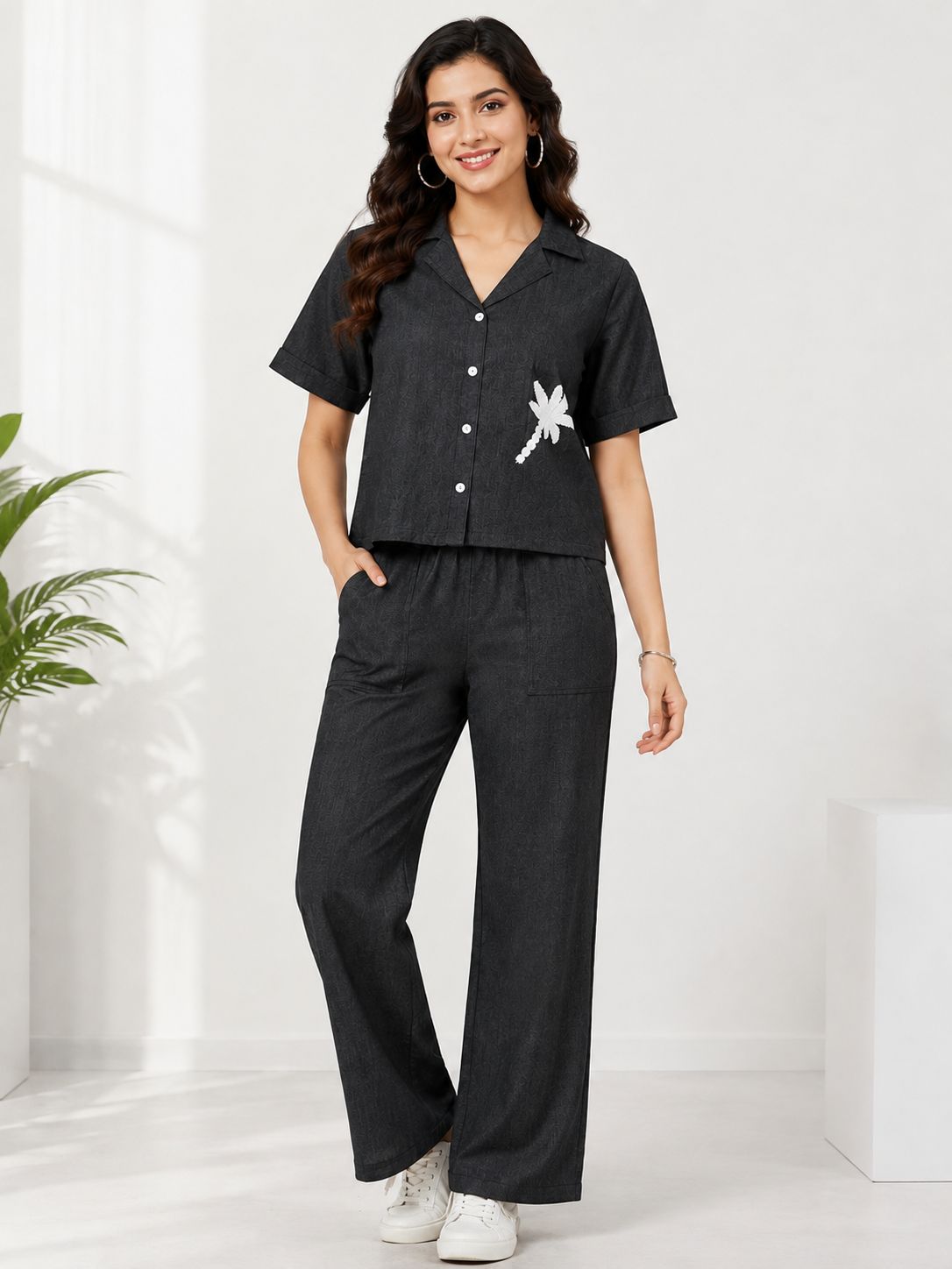 Women’s Charcoal Black Cotton Blend Floral Embroidered Top and Pant Co-ord Set
