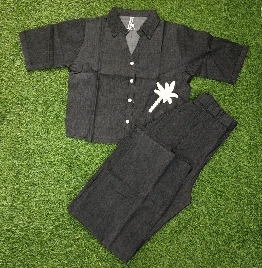 Women’s Charcoal Black Cotton Blend Floral Embroidered Top and Pant Co-ord Set