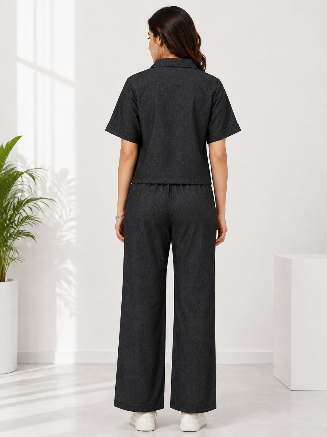 Women’s Charcoal Black Cotton Blend Floral Embroidered Top and Pant Co-ord Set