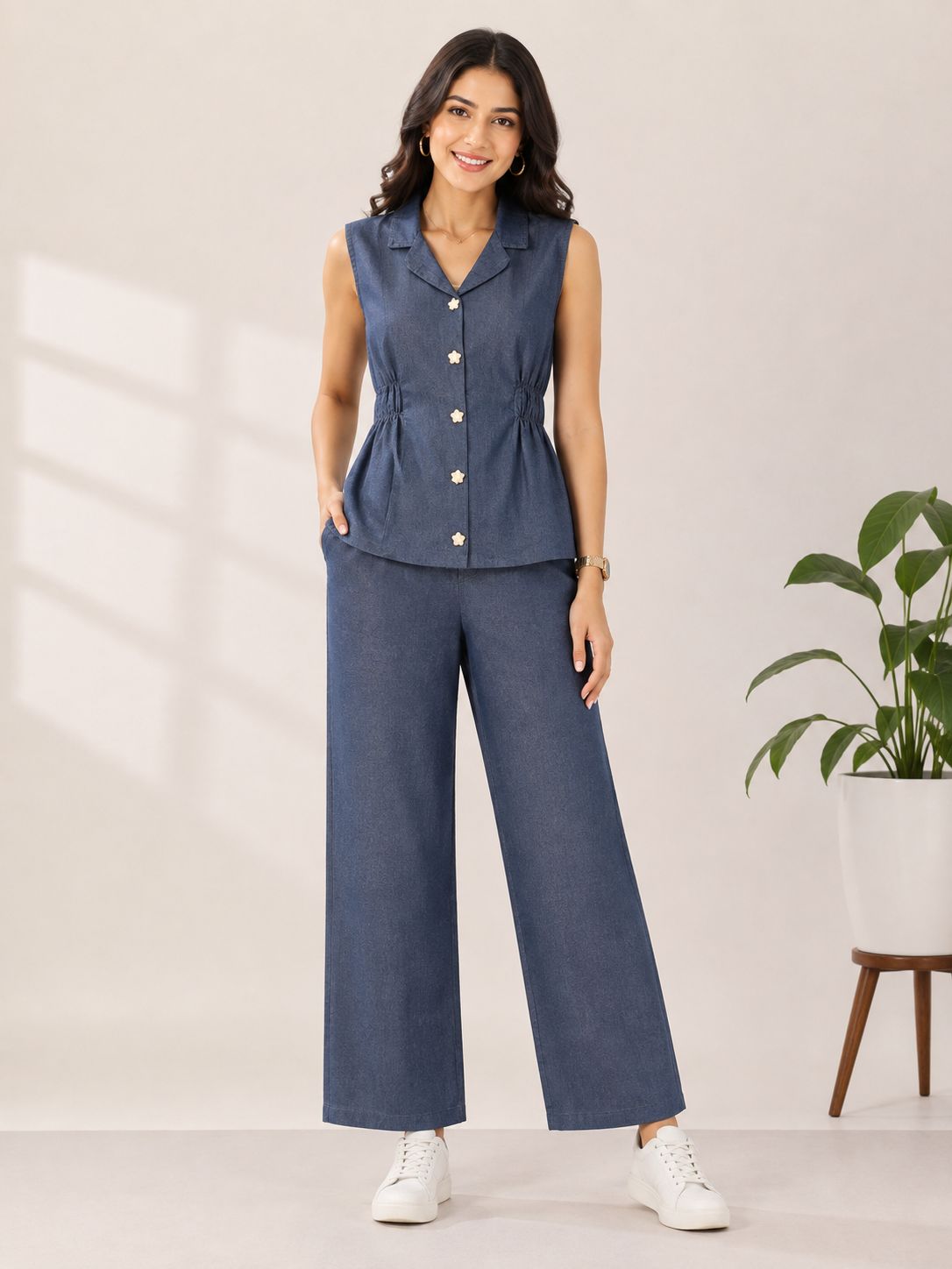 Women’s Dark Denim Blue Cotton Sleeveless Blazer-Collar Top and Pant Co-ord Set