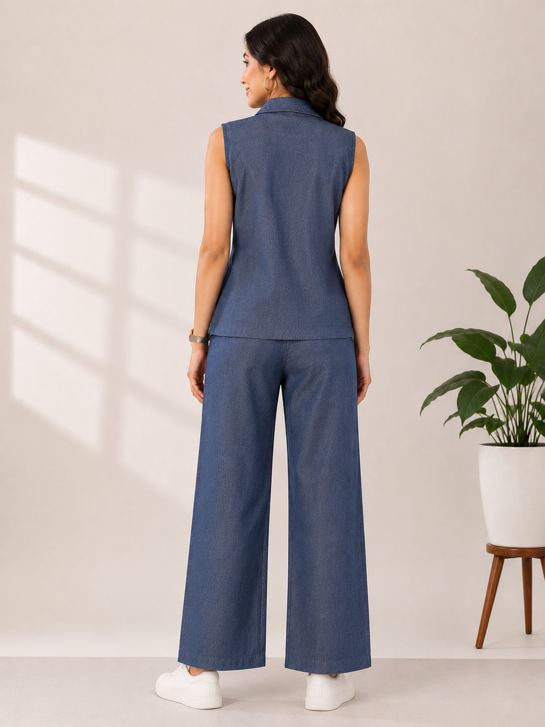 Women’s Dark Denim Blue Cotton Sleeveless Blazer-Collar Top and Pant Co-ord Set