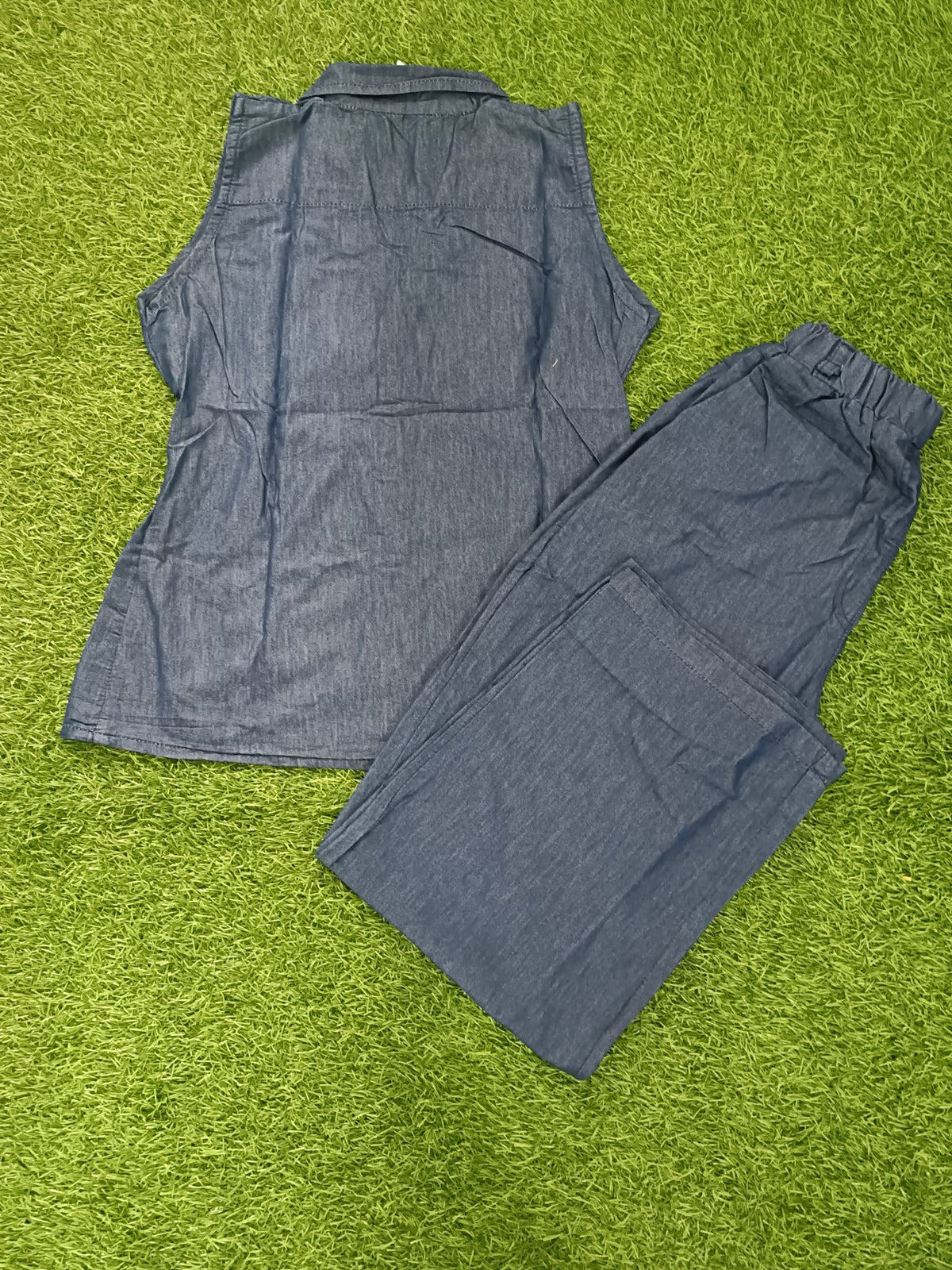 Women’s Dark Denim Blue Cotton Sleeveless Blazer-Collar Top and Pant Co-ord Set