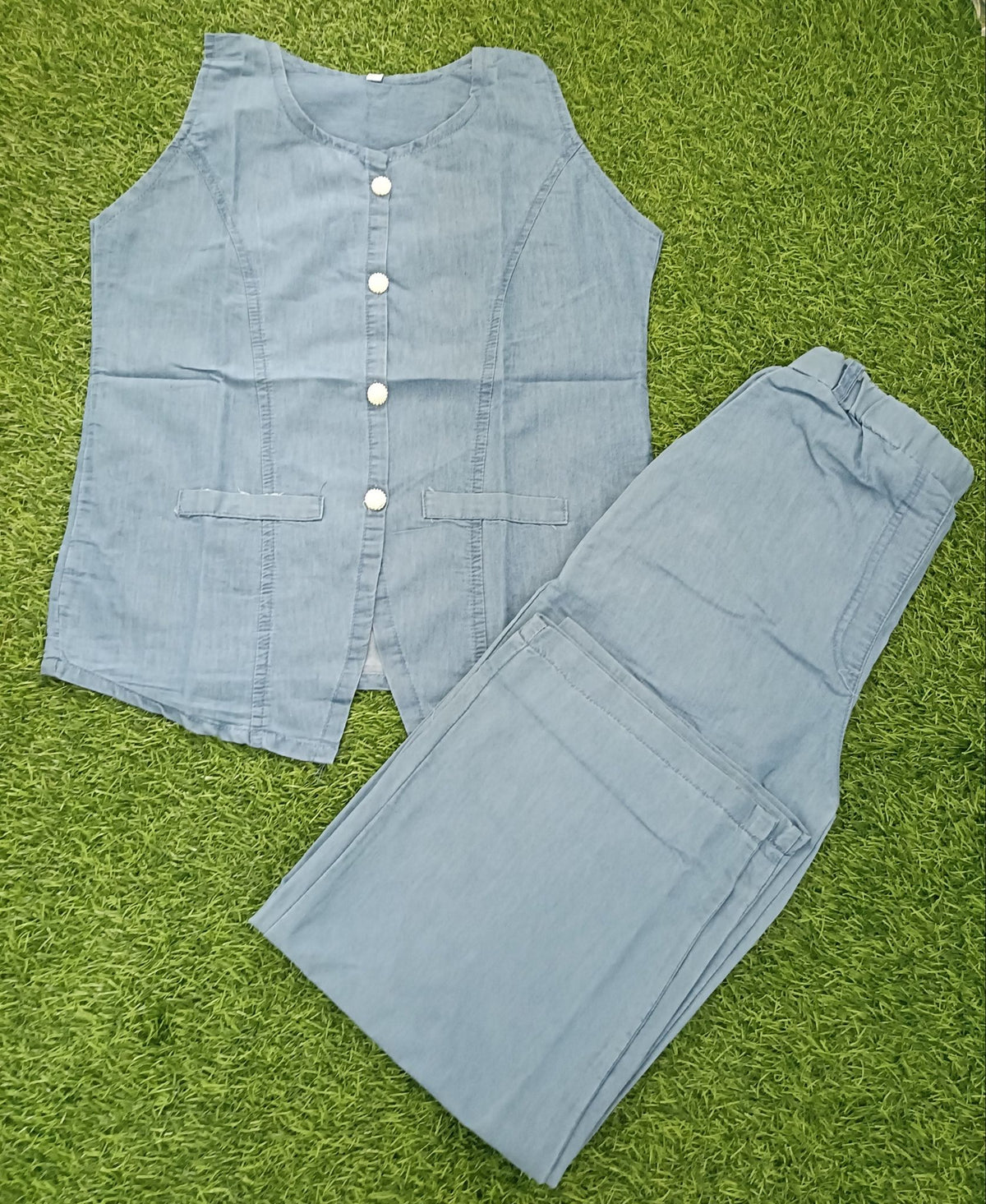 Women’s Light Denim Blue Cotton Sleeveless Blazer-Collar Top and Pant Co-ord Set