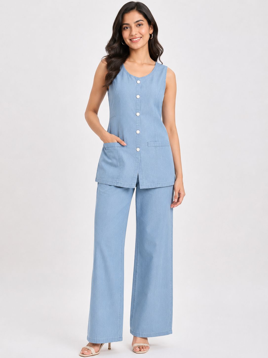 Women’s Light Denim Blue Cotton Sleeveless Blazer-Collar Top and Pant Co-ord Set