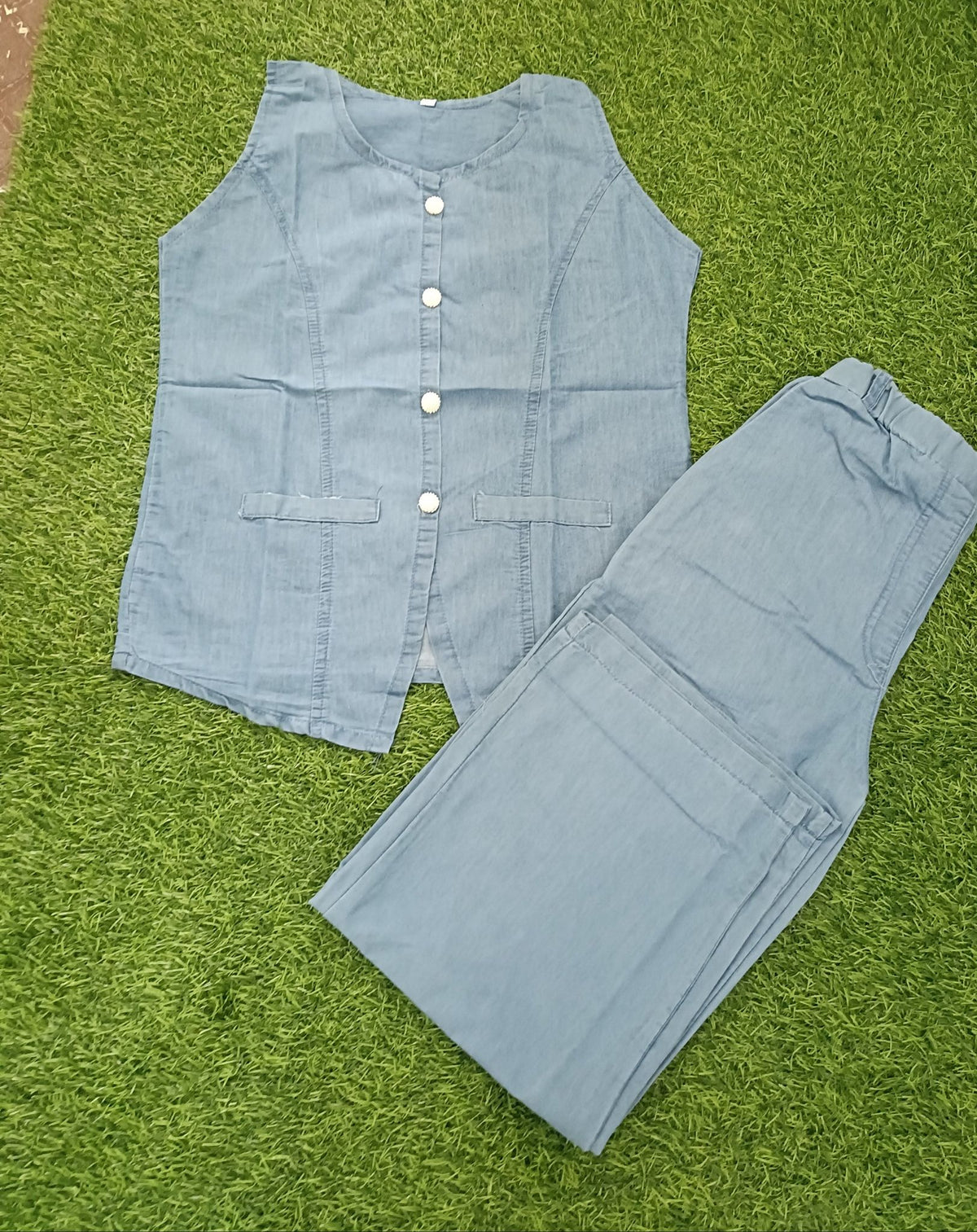 Women’s Light Denim Blue Cotton Sleeveless Button-Front Top and Pant Co-ord Set