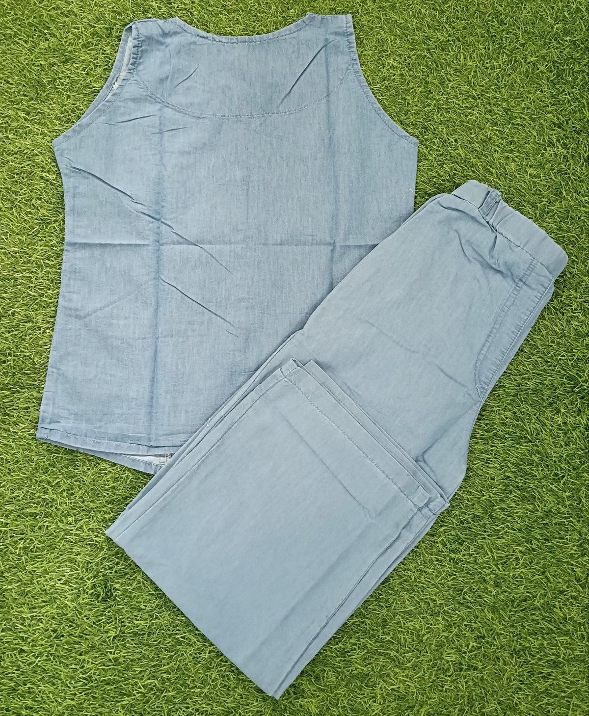 Women’s Light Denim Blue Cotton Sleeveless Blazer-Collar Top and Pant Co-ord Set