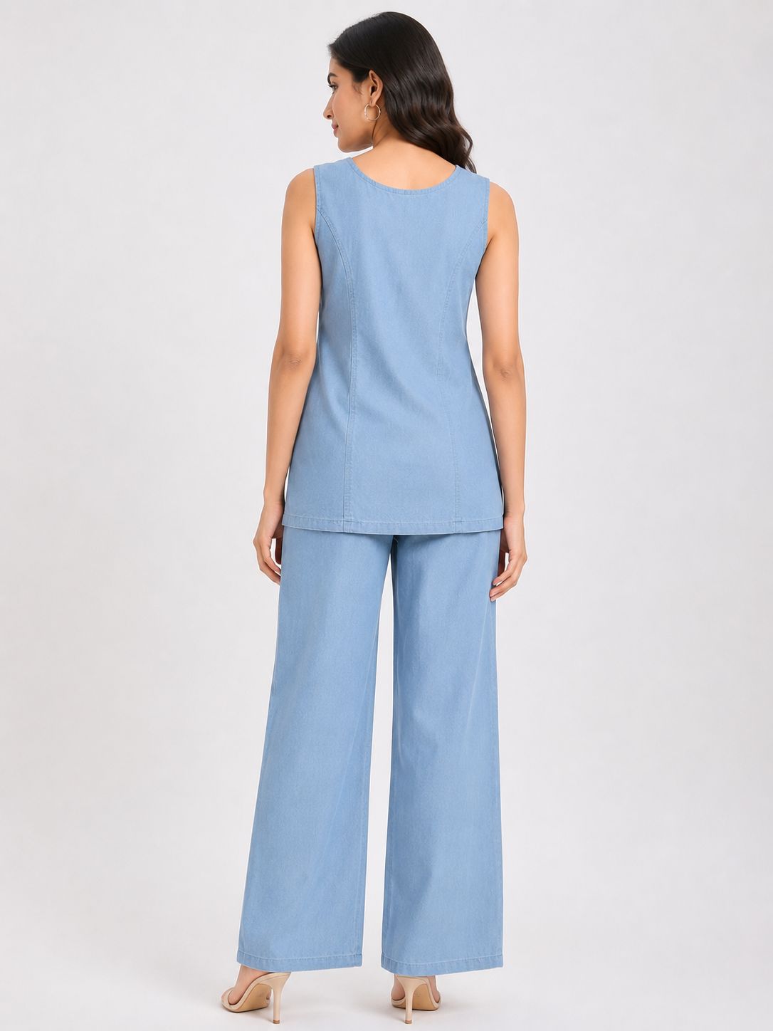 Women’s Light Denim Blue Cotton Sleeveless Blazer-Collar Top and Pant Co-ord Set