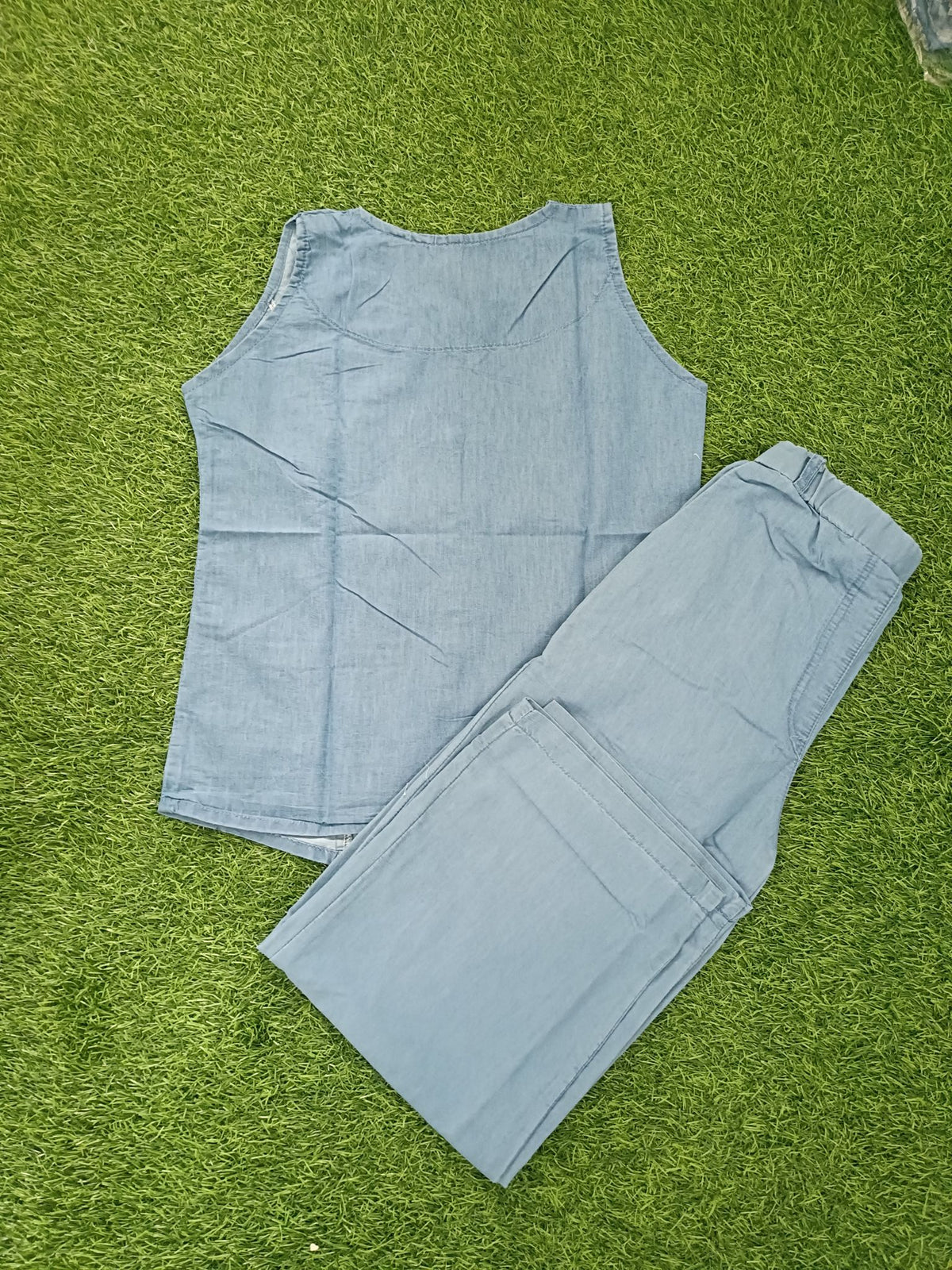 Women’s Light Denim Blue Cotton Sleeveless Button-Front Top and Pant Co-ord Set