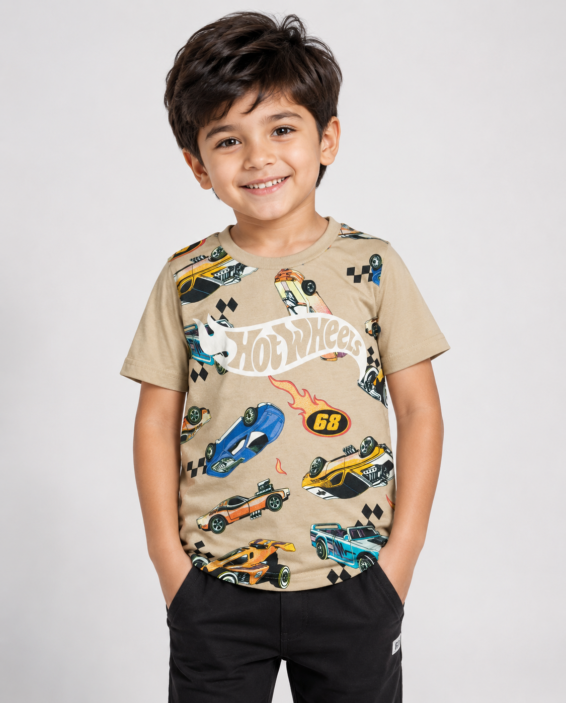 Kid's Dark Cream Hot Wheels Racing Car Printed T-Shirt