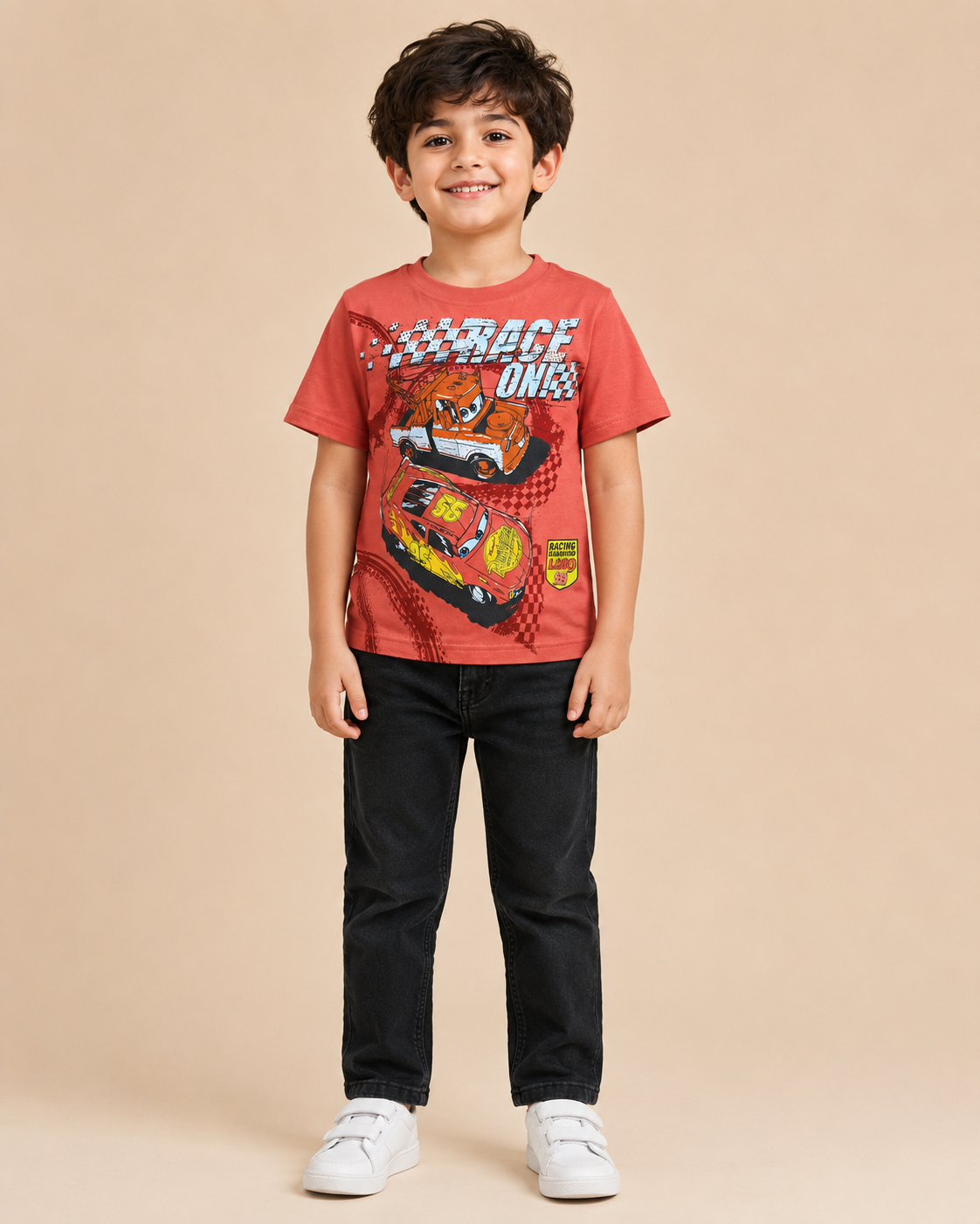 Kid's Coral Pink “Race One” Cars Graphic Round-Neck T-Shirt