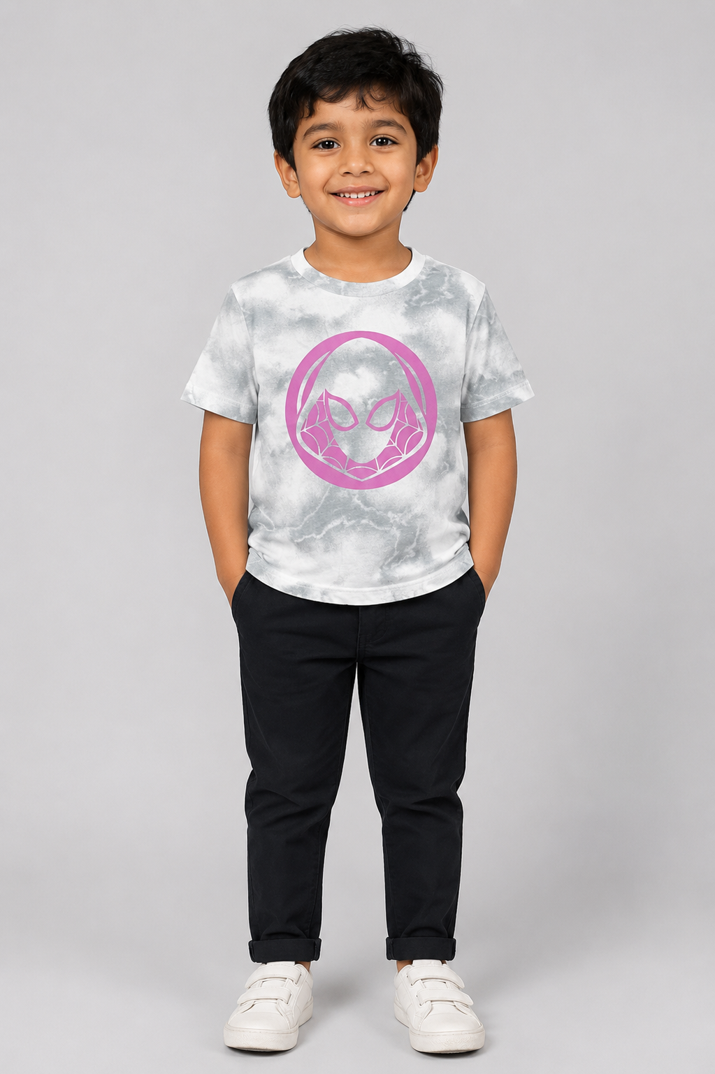 Girls Grey & White Tie-Dye Superhero Graphic Printed T-Shirt