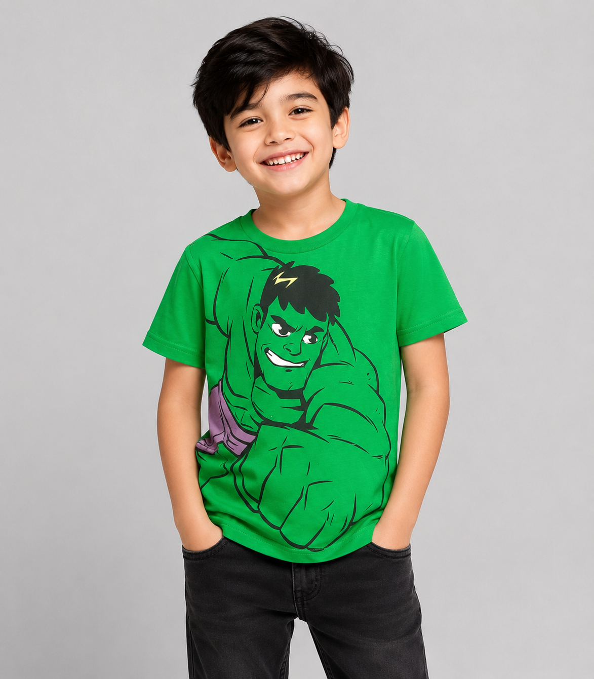 Kid's Bright Green Hulk Character Graphic Printed T-Shirt