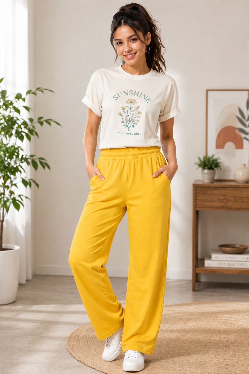 Women's Yellow color Casual Elastic Waist Ladies Pant