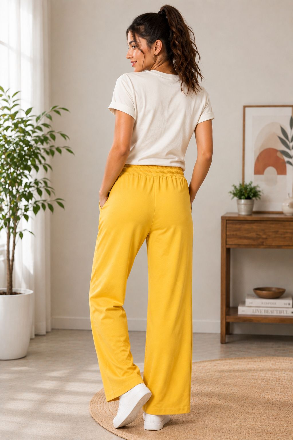 Women's Yellow color Casual Elastic Waist Ladies Pant
