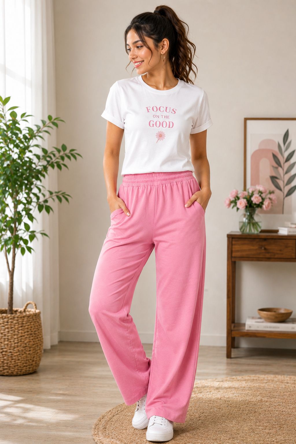 Women's pink color Casual Elastic Waist Ladies Pant