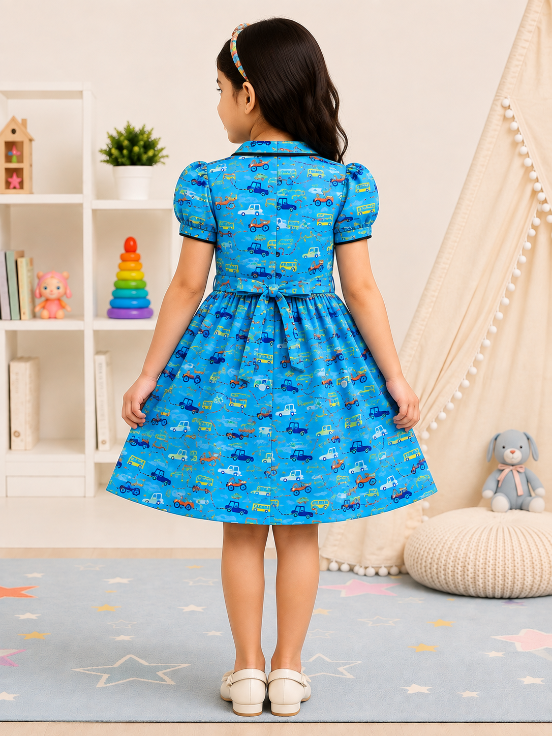 Playful Blue "City Wheels" Cotton Daily Frock (2-16 Years)