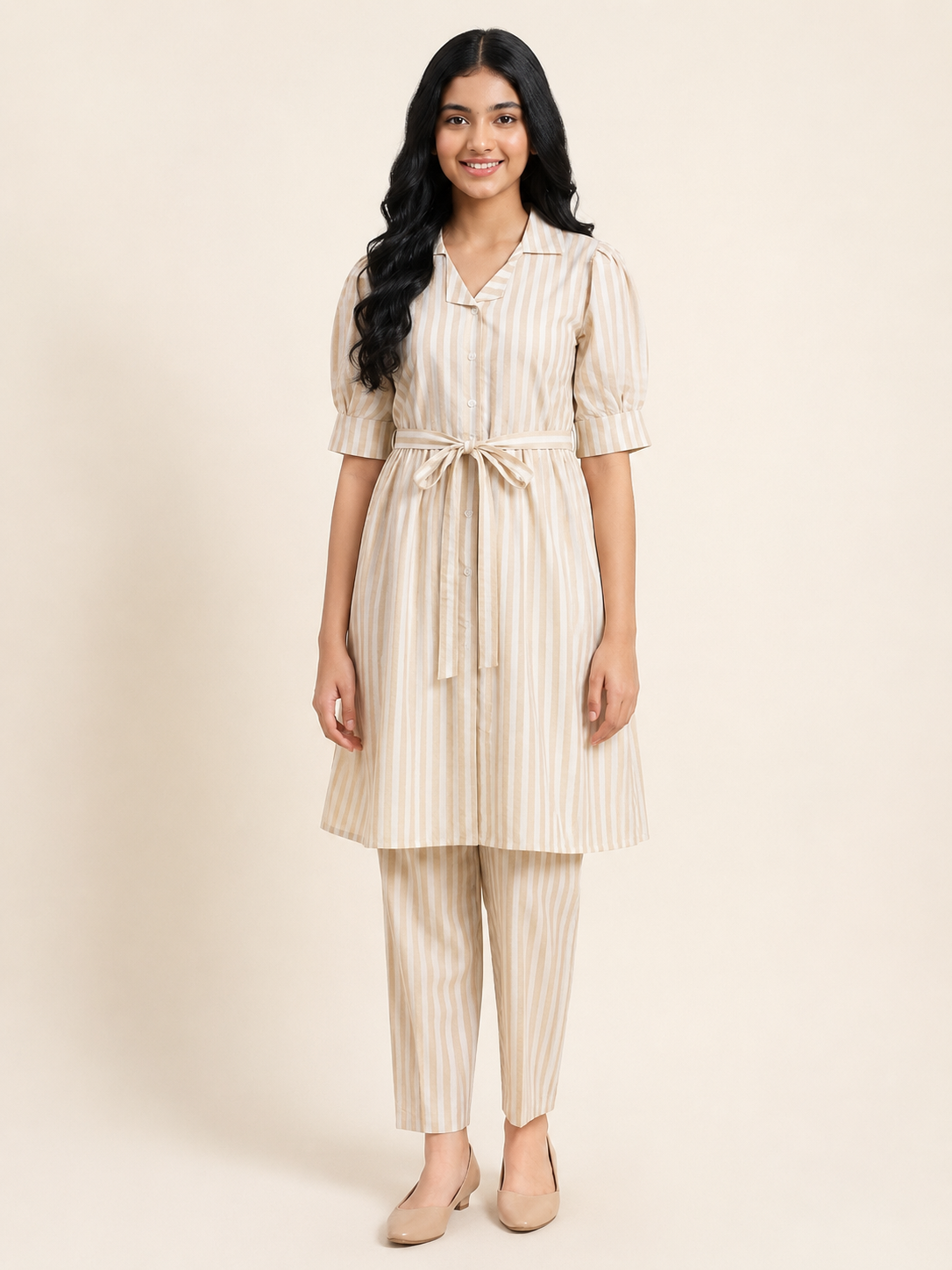 Elegant Beige Striped Sheer Cotton Tunic Co-Ord Set
