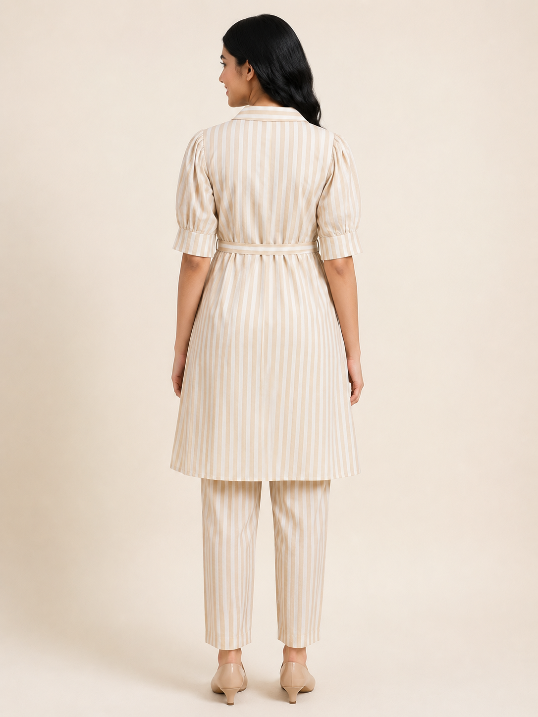 Elegant Beige Striped Sheer Cotton Tunic Co-Ord Set