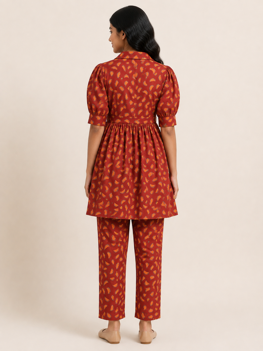 Premium Rust Red Abstract Print Hosiery Cotton Tunic Co-Ord Set