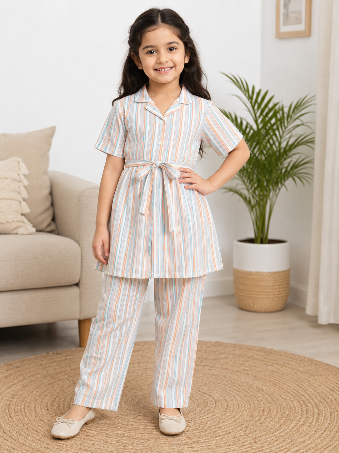 Breezy Coastal Stripe Sheer Checker Cotton Peplum Co-Ord Set