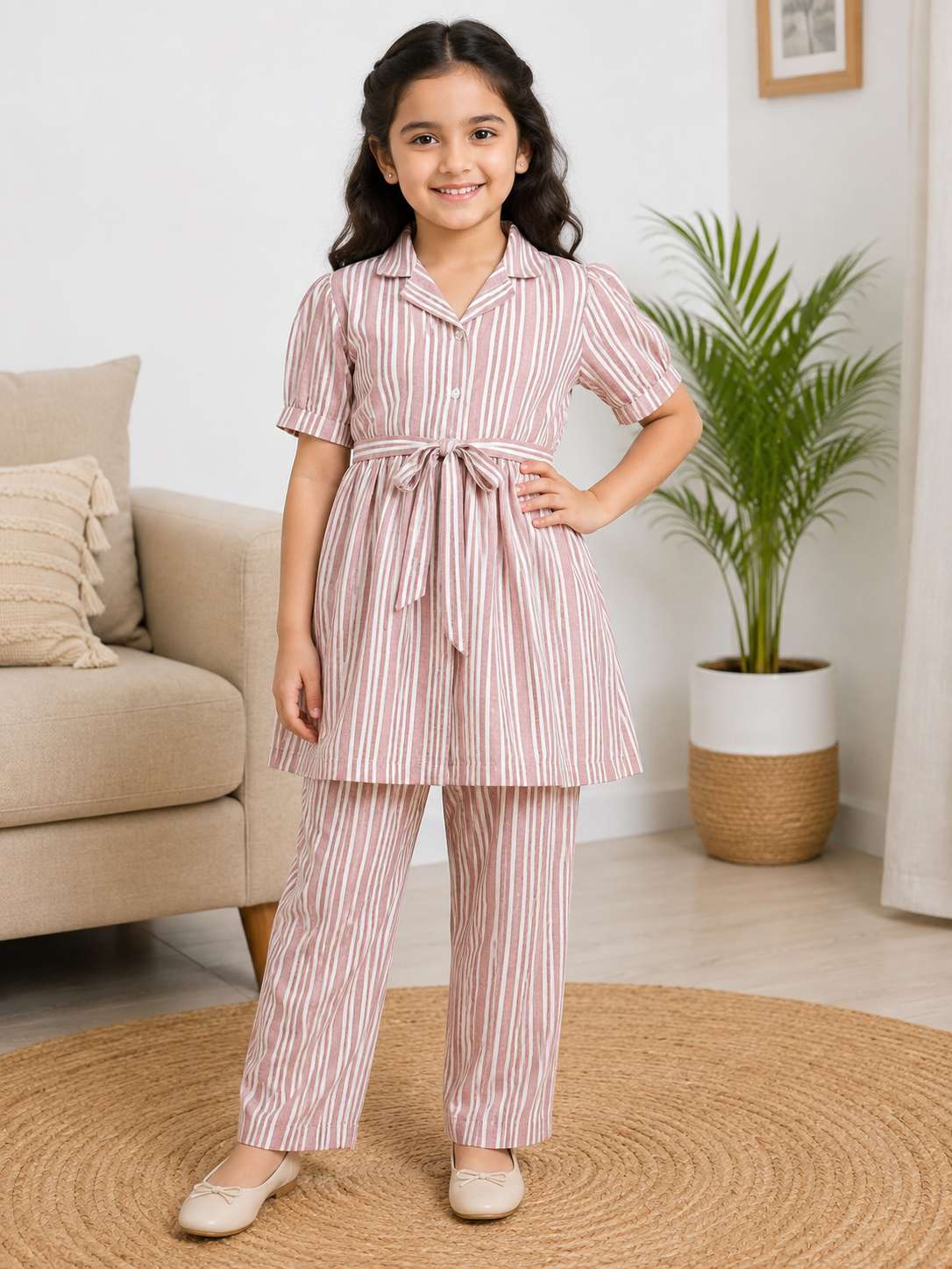 Dusty Rose Striped Sheer Checker Cotton Peplum Co-Ord Set