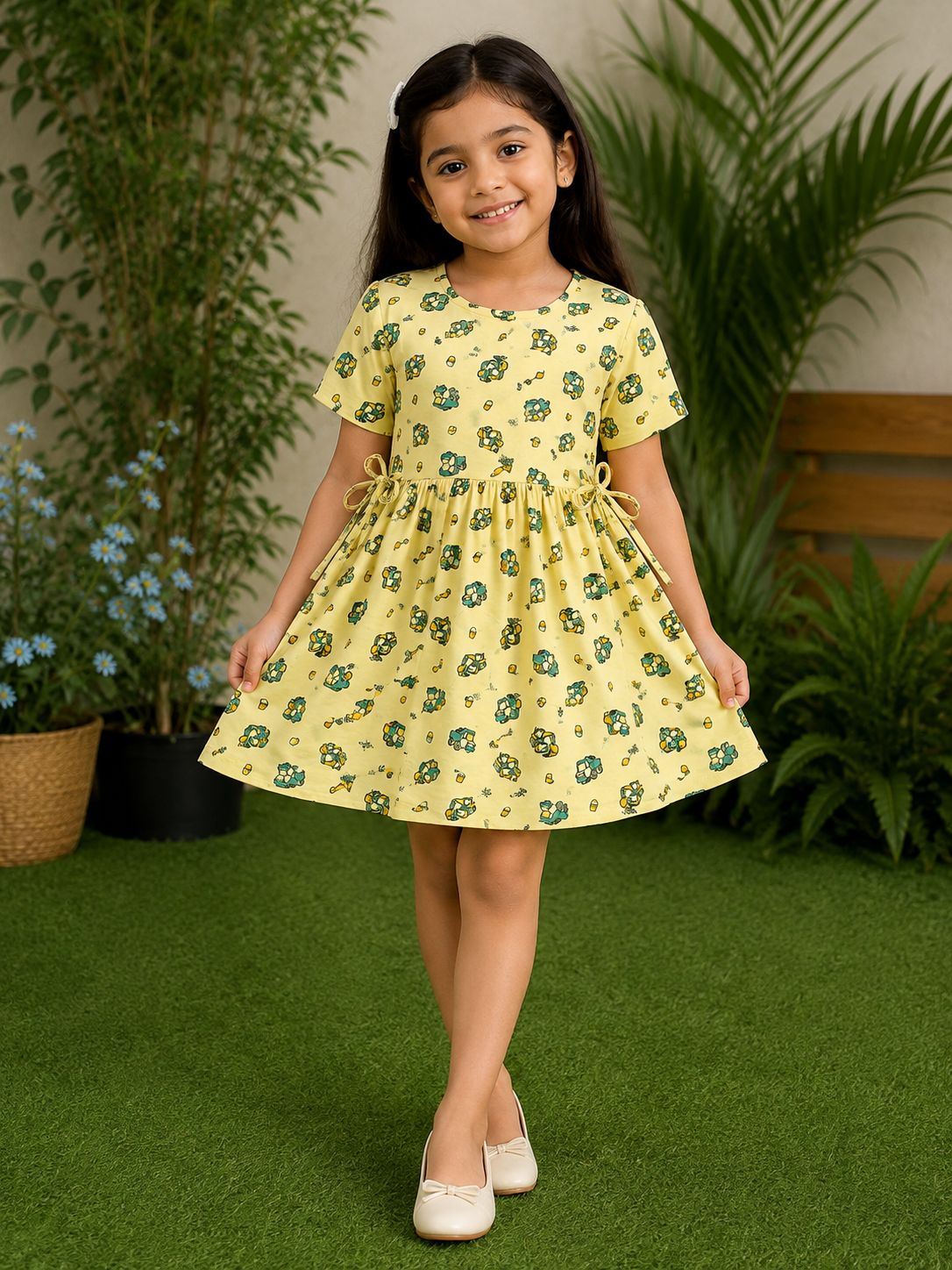 Little Builder Construction Print Girls Daily Wear Frock - Premium Yellow Hosiery