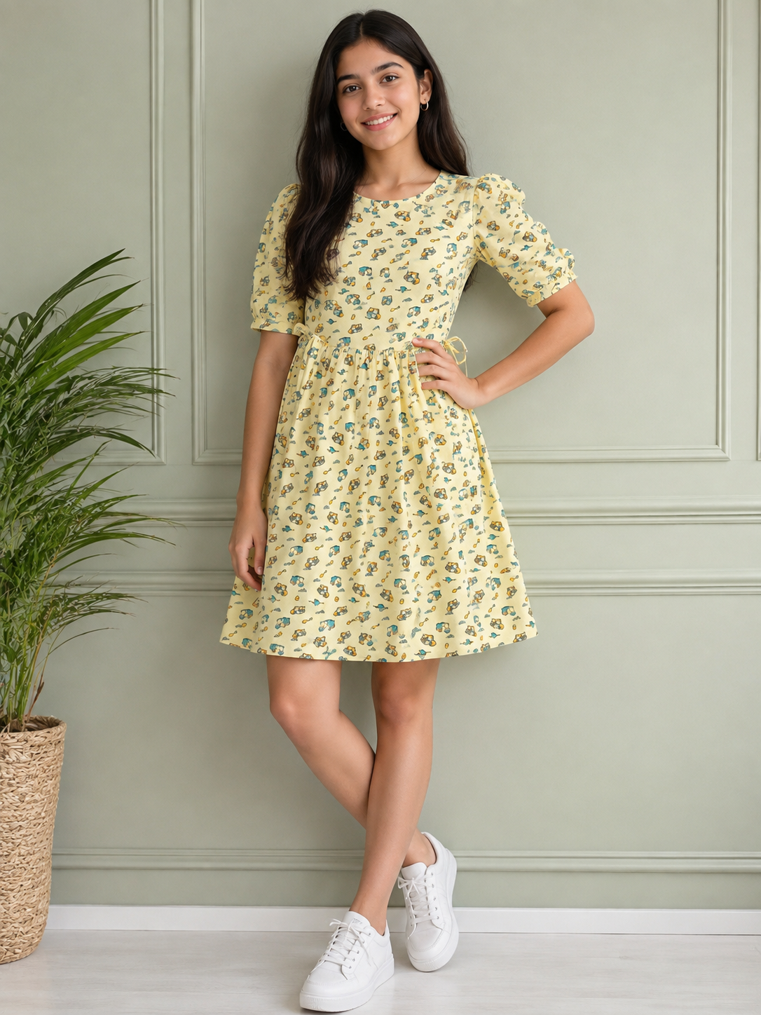 Playful Yellow "Little Builder" Construction Print Cotton Frock (2-16 Years)