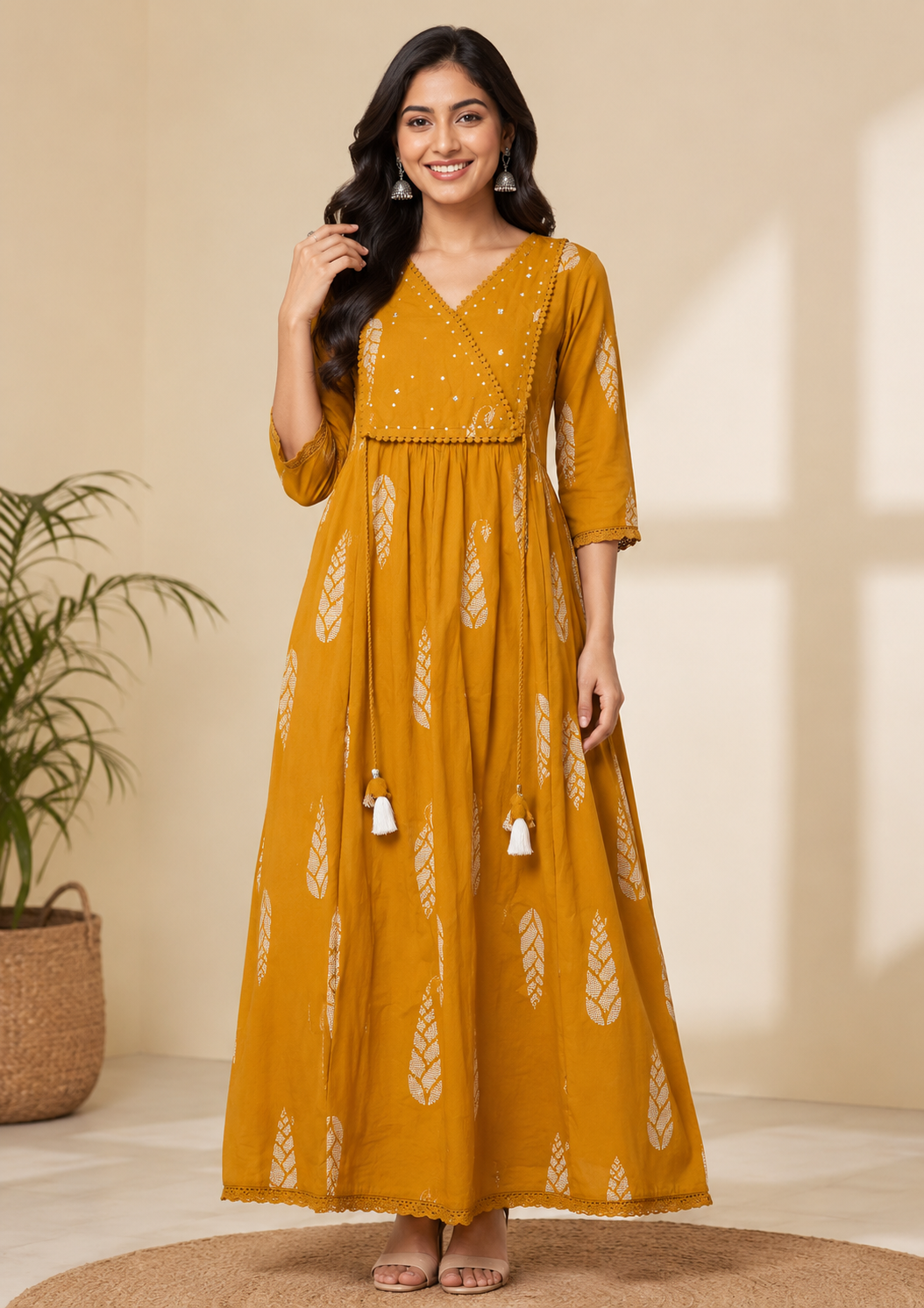 Elegant Mustard Yellow Printed Single Piece Kurti with Adjustable Waist Tie