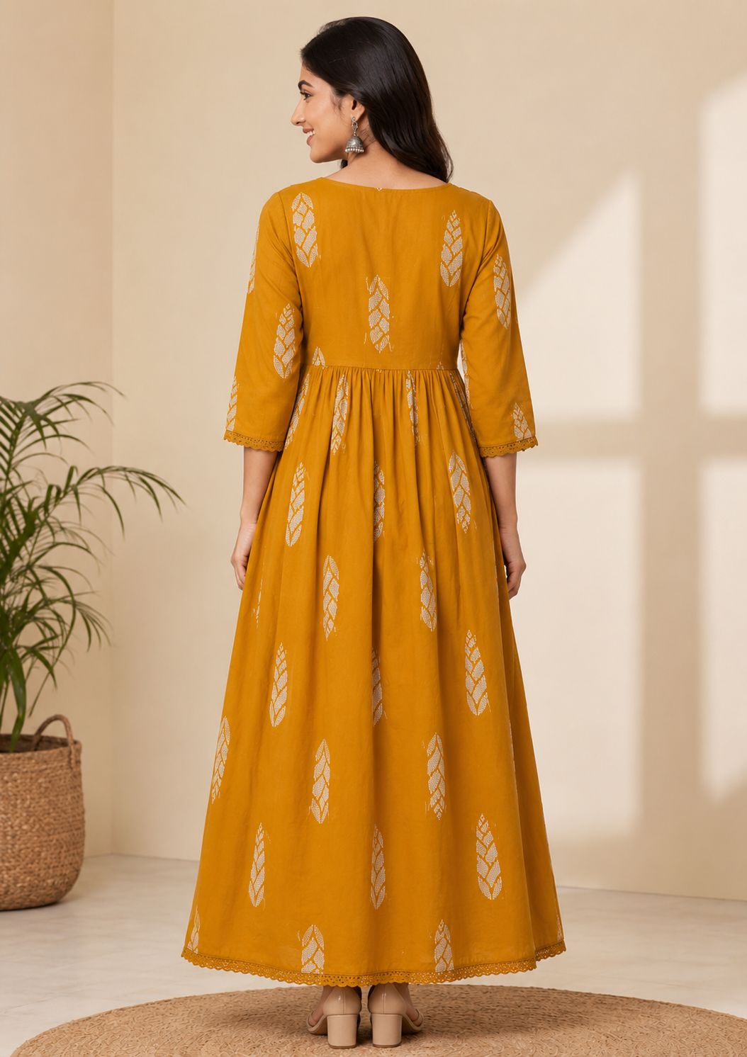 Elegant Mustard Yellow Printed Single Piece Kurti with Adjustable Waist Tie