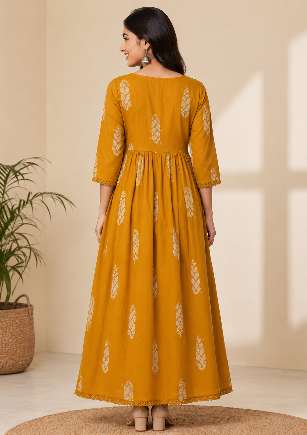 Elegant Mustard Yellow Printed Single Piece Kurti with Adjustable Waist Tie