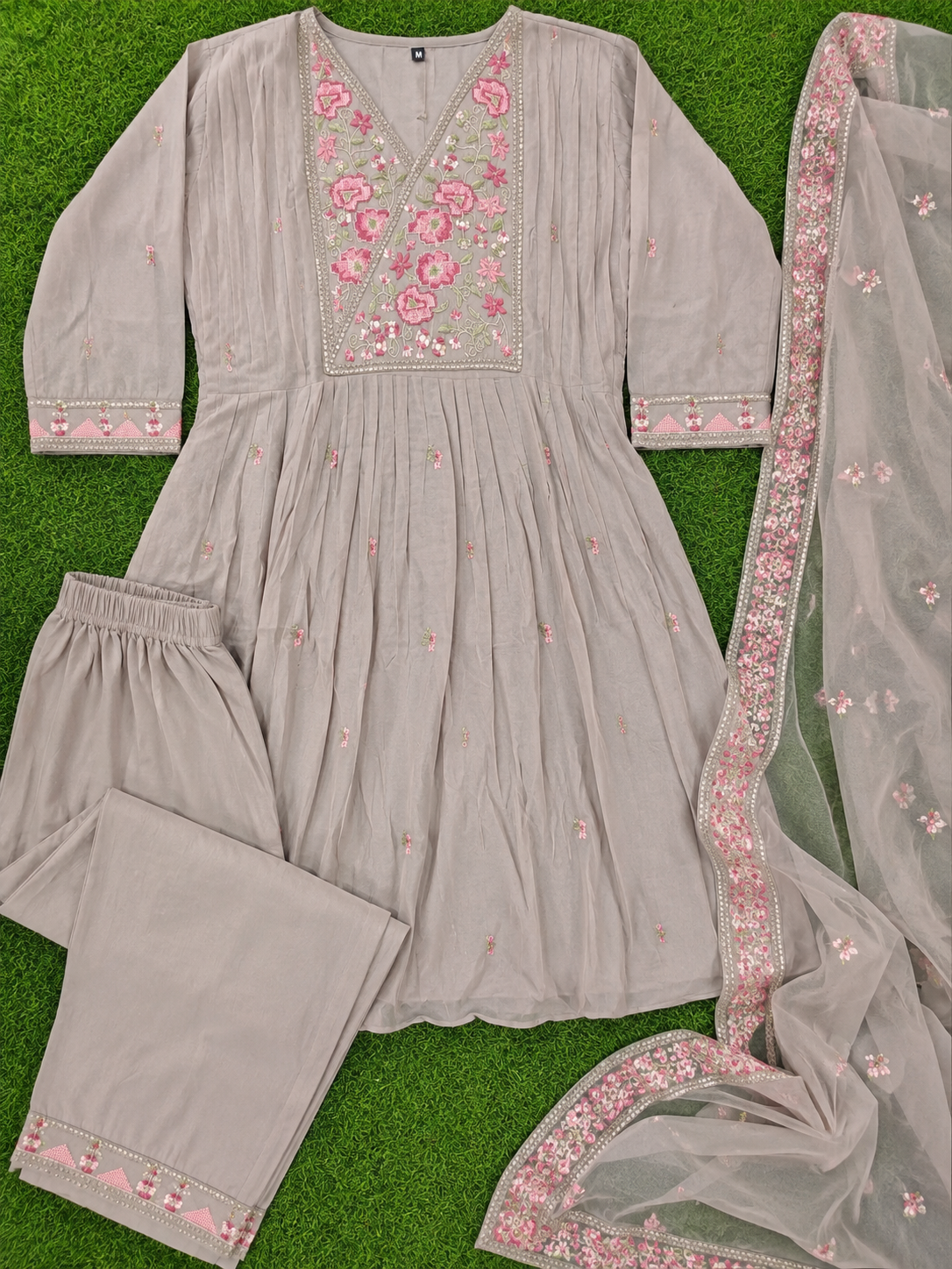 Elegant Taupe Embroidered Mull chanderi 3-Piece Kurti Set