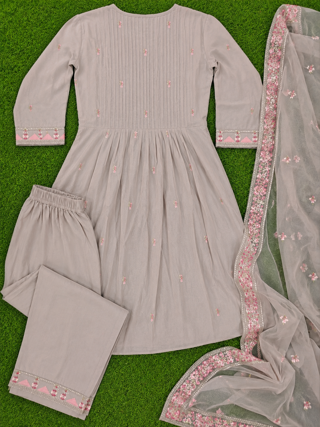 Elegant Taupe Embroidered Mull chanderi 3-Piece Kurti Set