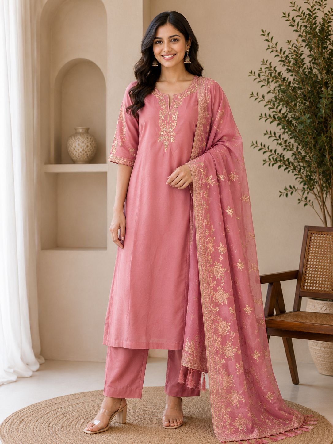 Elegant Rose Pink Mull Chanderi Embroidered 3-Piece Kurti Set