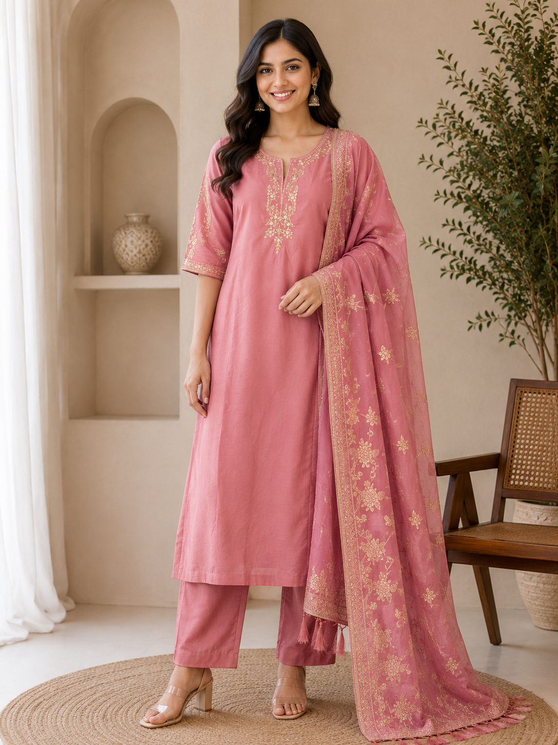 Elegant Rose Pink Mull Chanderi Embroidered 3-Piece Kurti Set