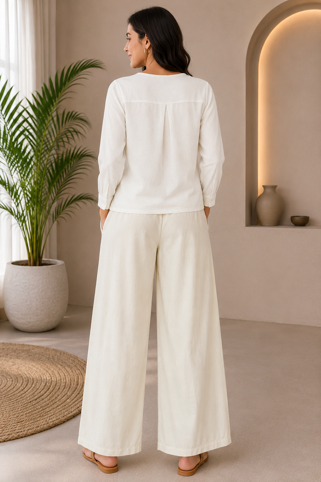 Half White Solid Wide-Leg Palazzo with Pockets