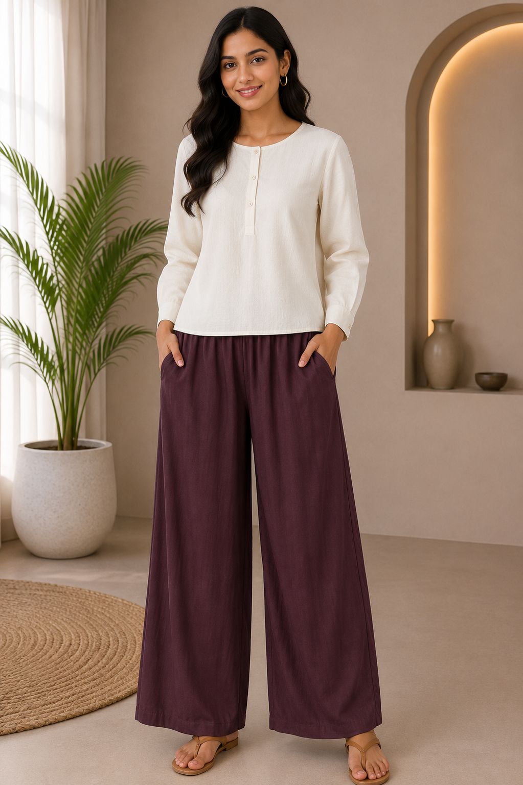 Purple Solid Wide-Leg Palazzo with Pockets